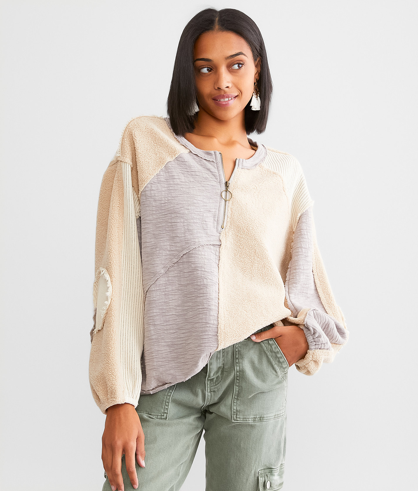 POL Pieced Quarter Zip Pullover - Women's Sweatshirts in Beige Multi