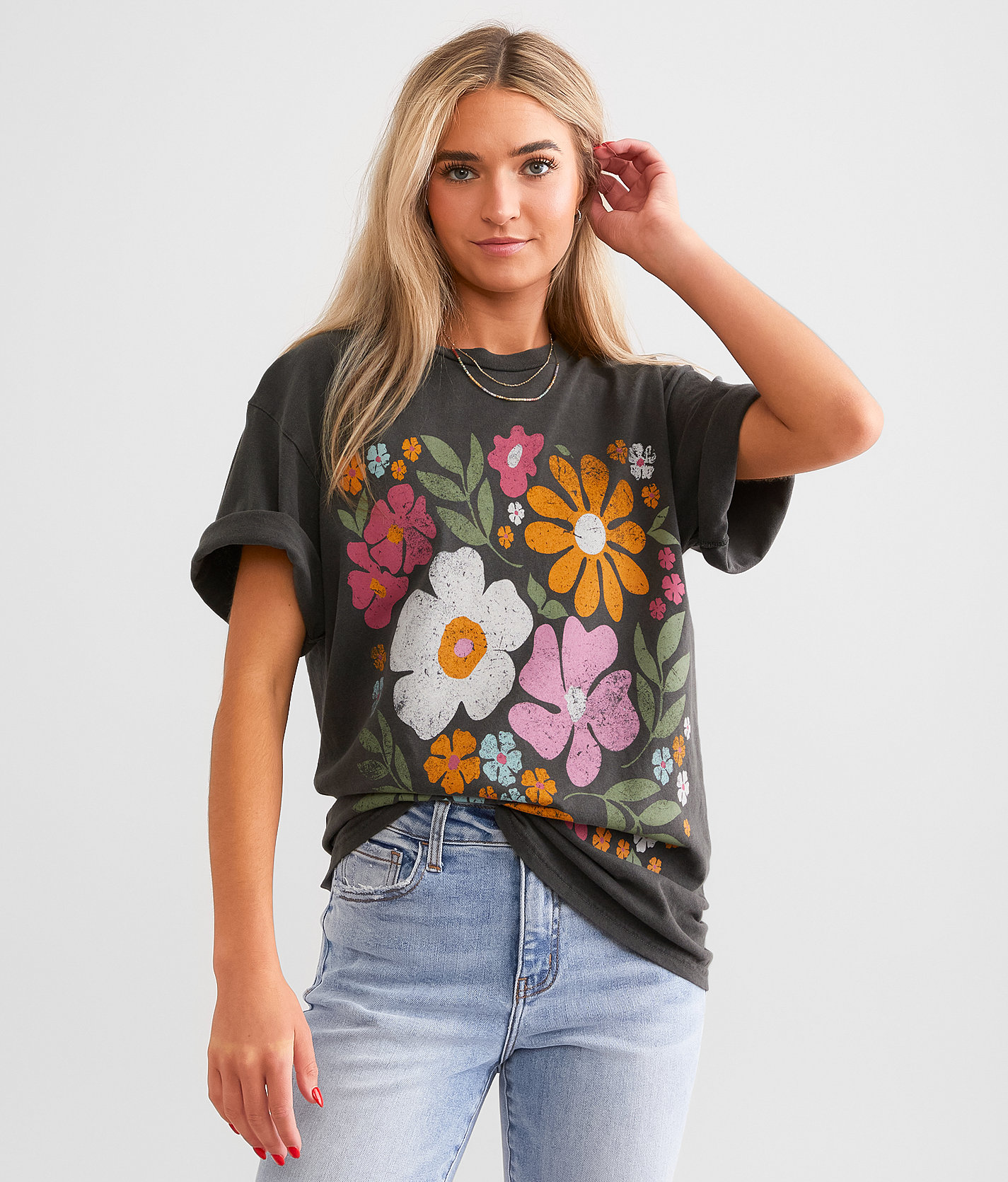 The Vinyl Icons Abstract Flowers Oversized T-Shirt - Women's T-Shirts in Washed Black