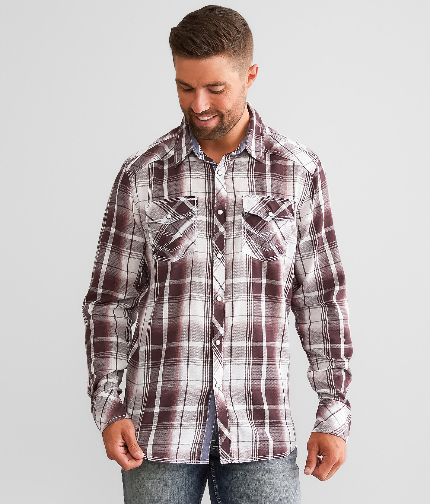 BKE Plaid Athletic Shirt - Men's Shirts in White Burgundy