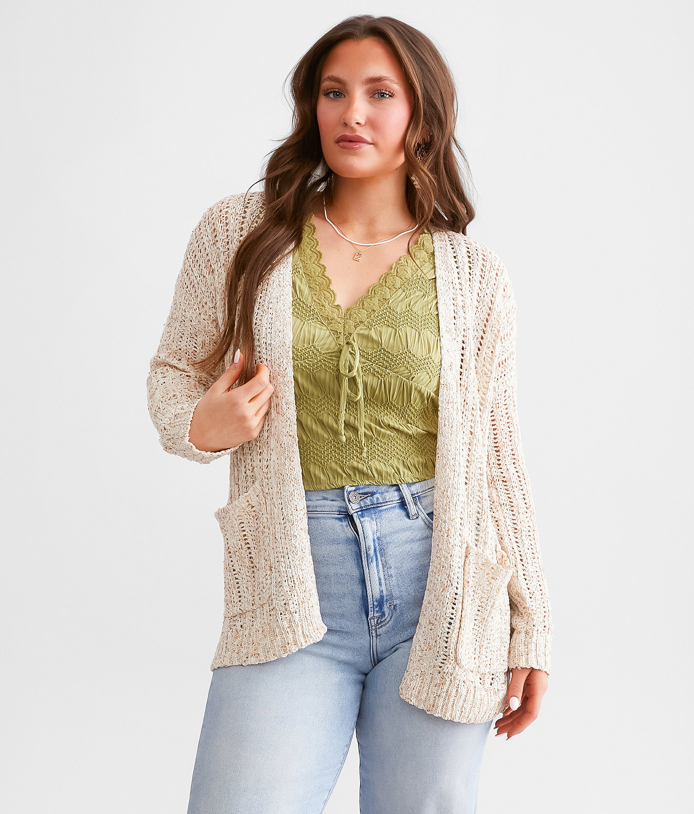 Blu Pepper Open Stitch Cardigan Sweater - Women's Sweaters in Natural