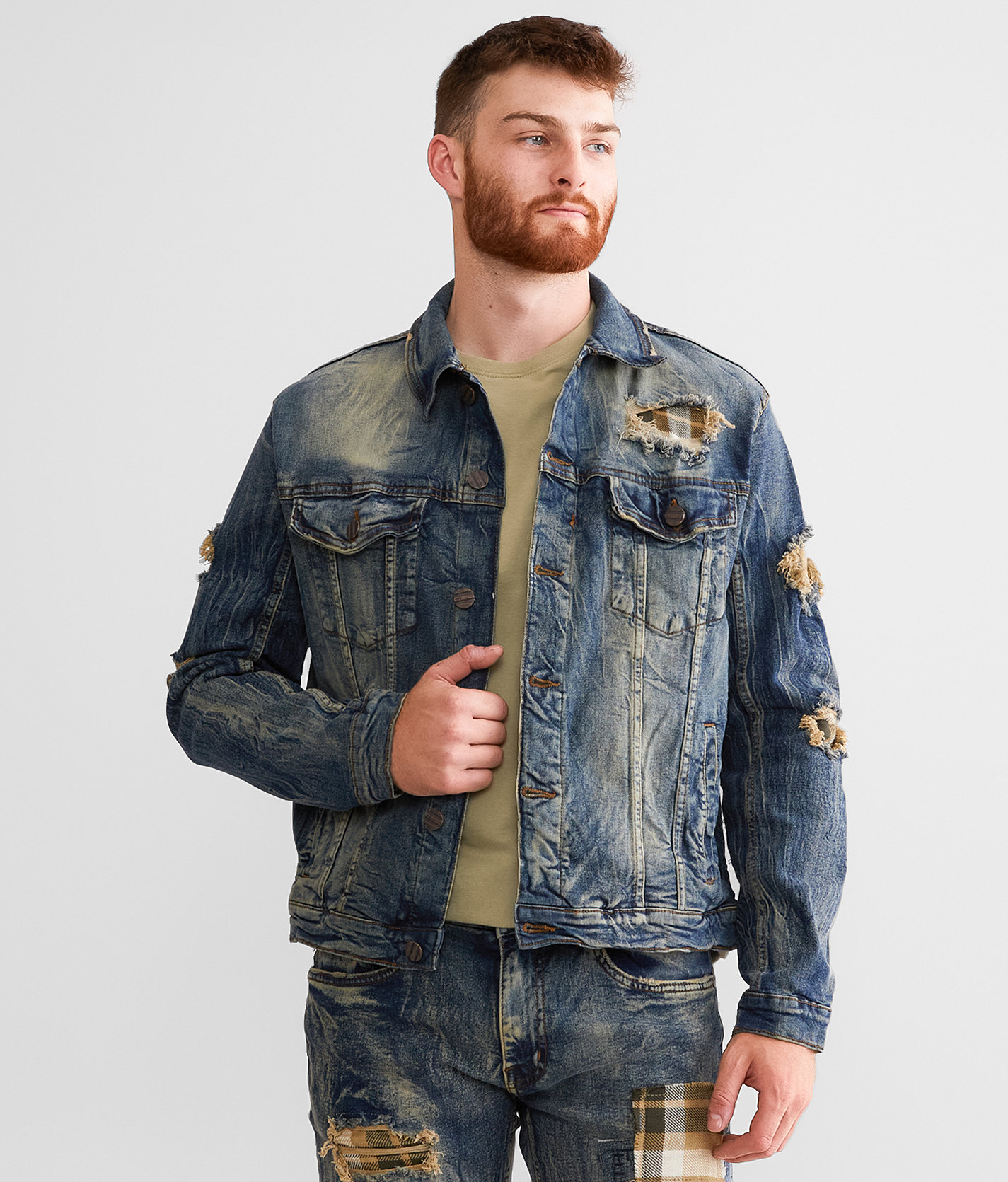 FWRD Denim Rugged Plaid Denim Stretch Jacket - Men's Coats & Jackets in Lt Tint