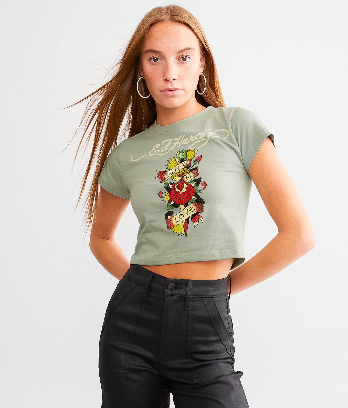 Ed Hardy Dagger Rose Baby Cropped T-Shirt - Women's T-Shirts in Sage