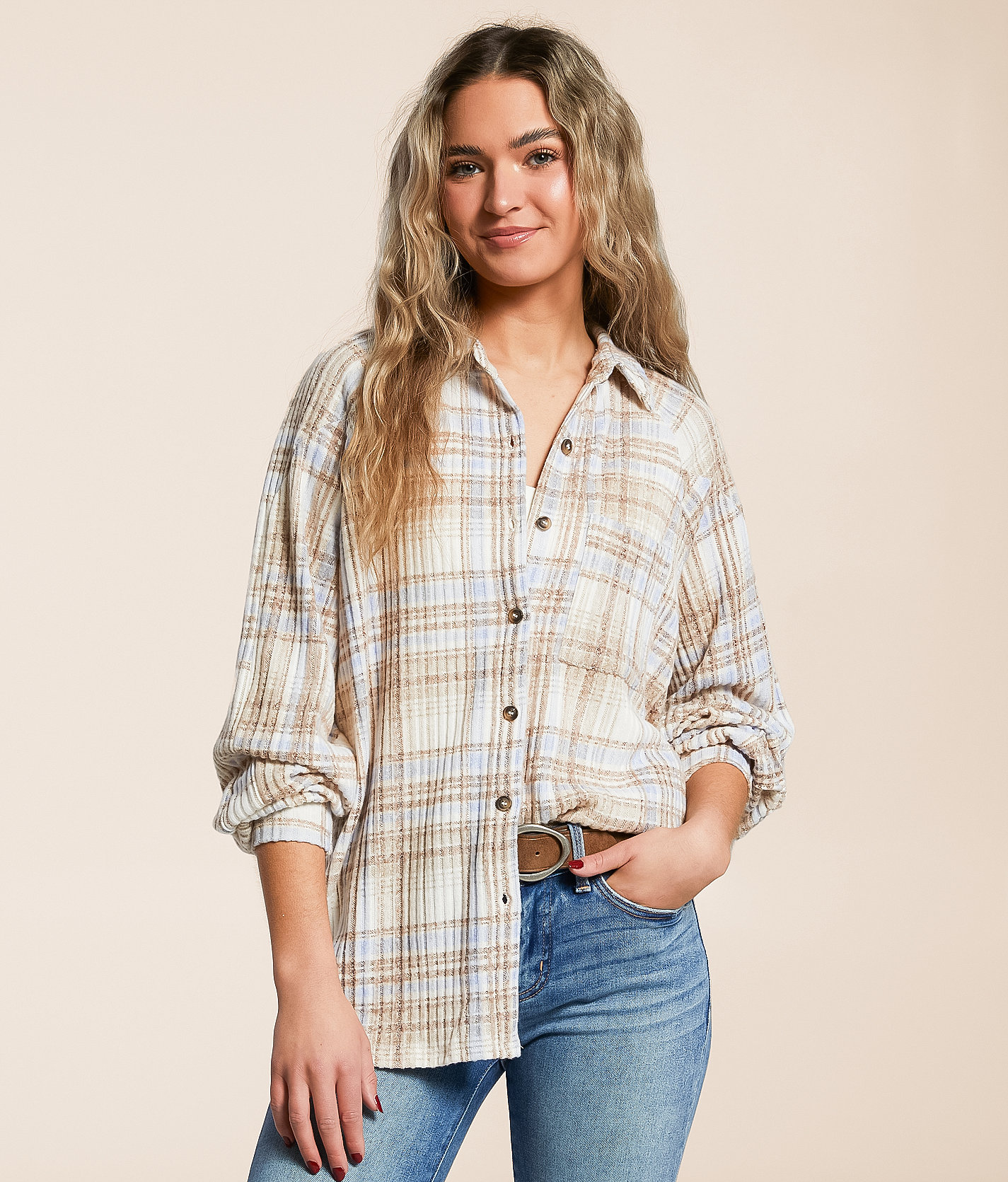 Modish Rebel Plaid Knit Shirt - Women's Shirts & Blouses in Cream Multi