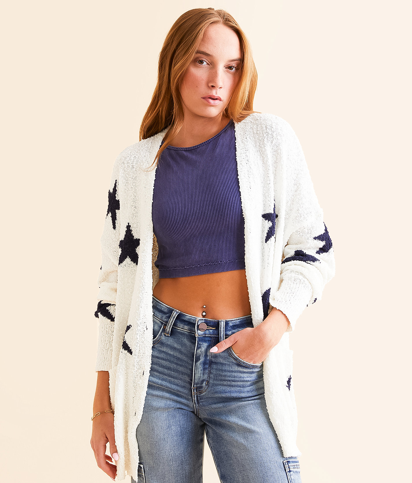 DH Apparel Star Cardigan Sweater - Women's Sweaters in Cream Navy