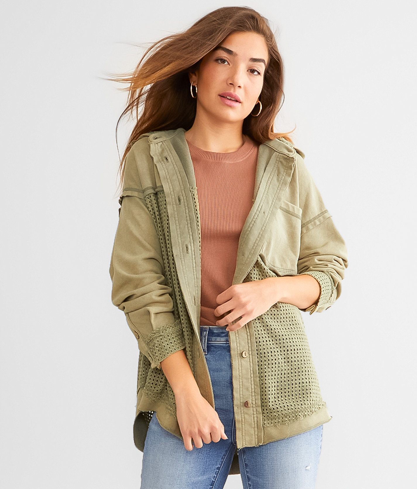 BKE Pieced Crochet Hooded Shacket - Women's Coats & Jackets in Vetiver