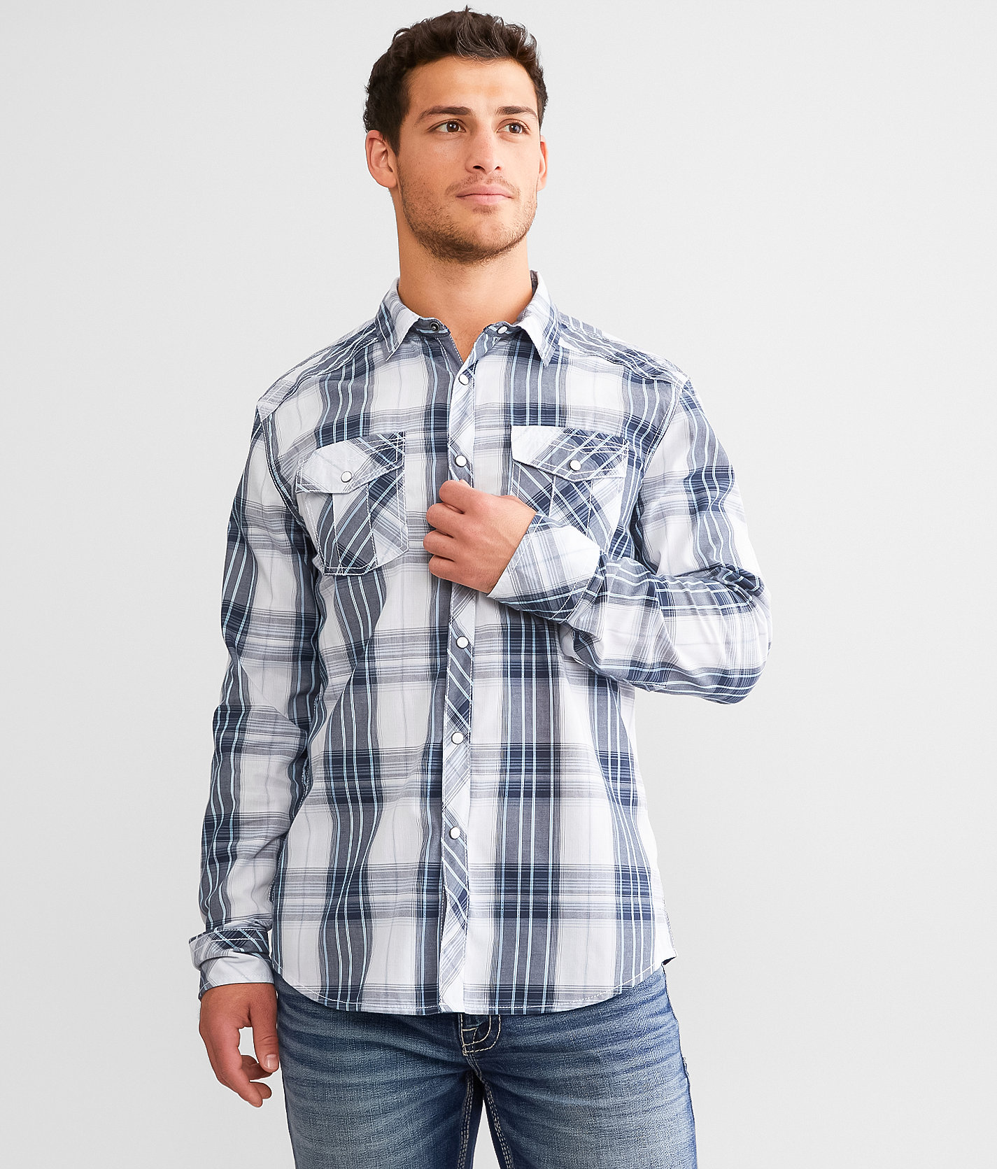BKE Plaid Athletic Shirt - Men's Shirts in White Blue Navy