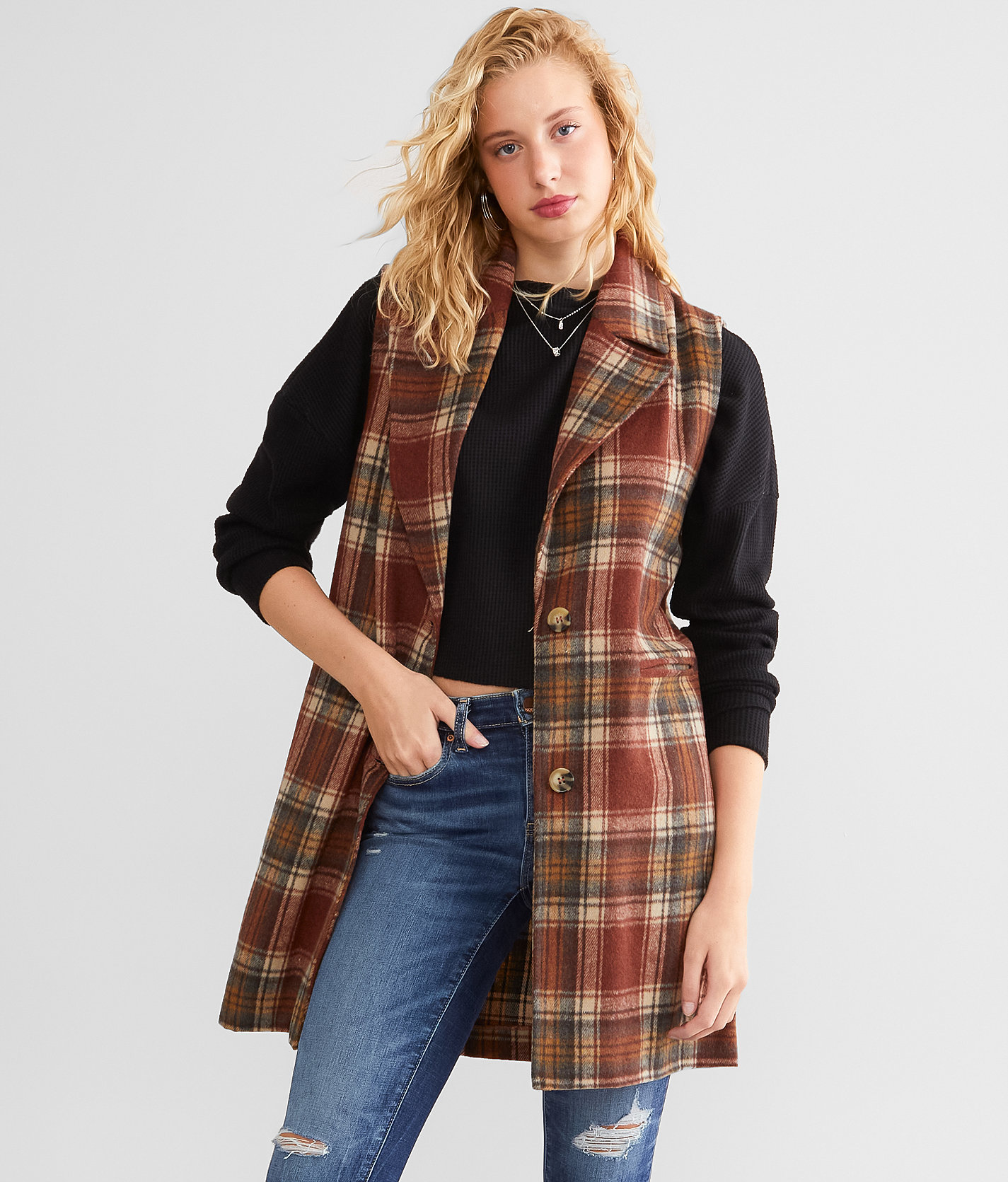 BKE Flannel Longline Vest - Women's Coats & Jackets in Brick