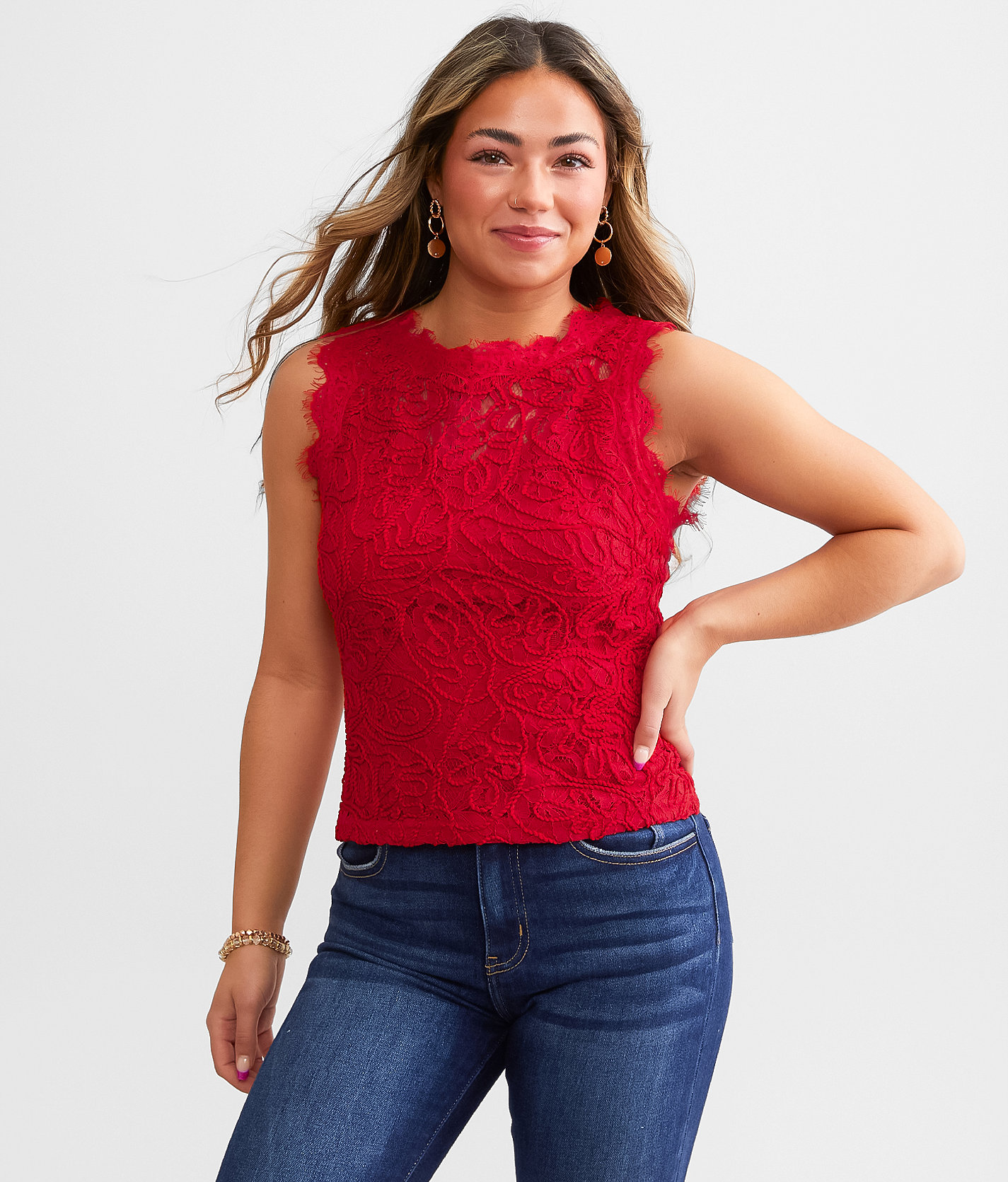 Irini Floral Eyelash Lace Tank Top - Women's Tank Tops in Red