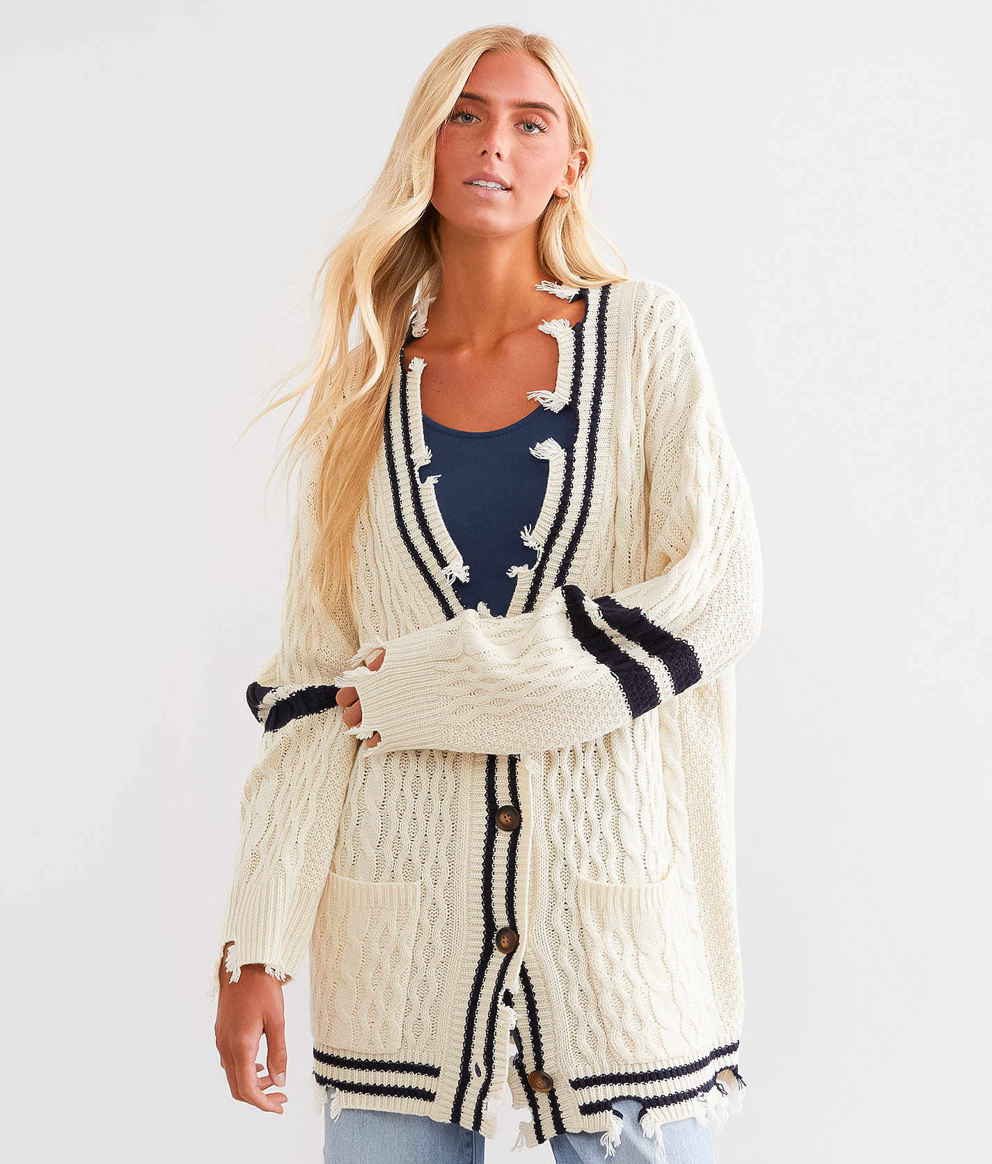 BKE Destructed Varsity Oversized Cardigan Sweater - Women's Sweaters in Gardenia