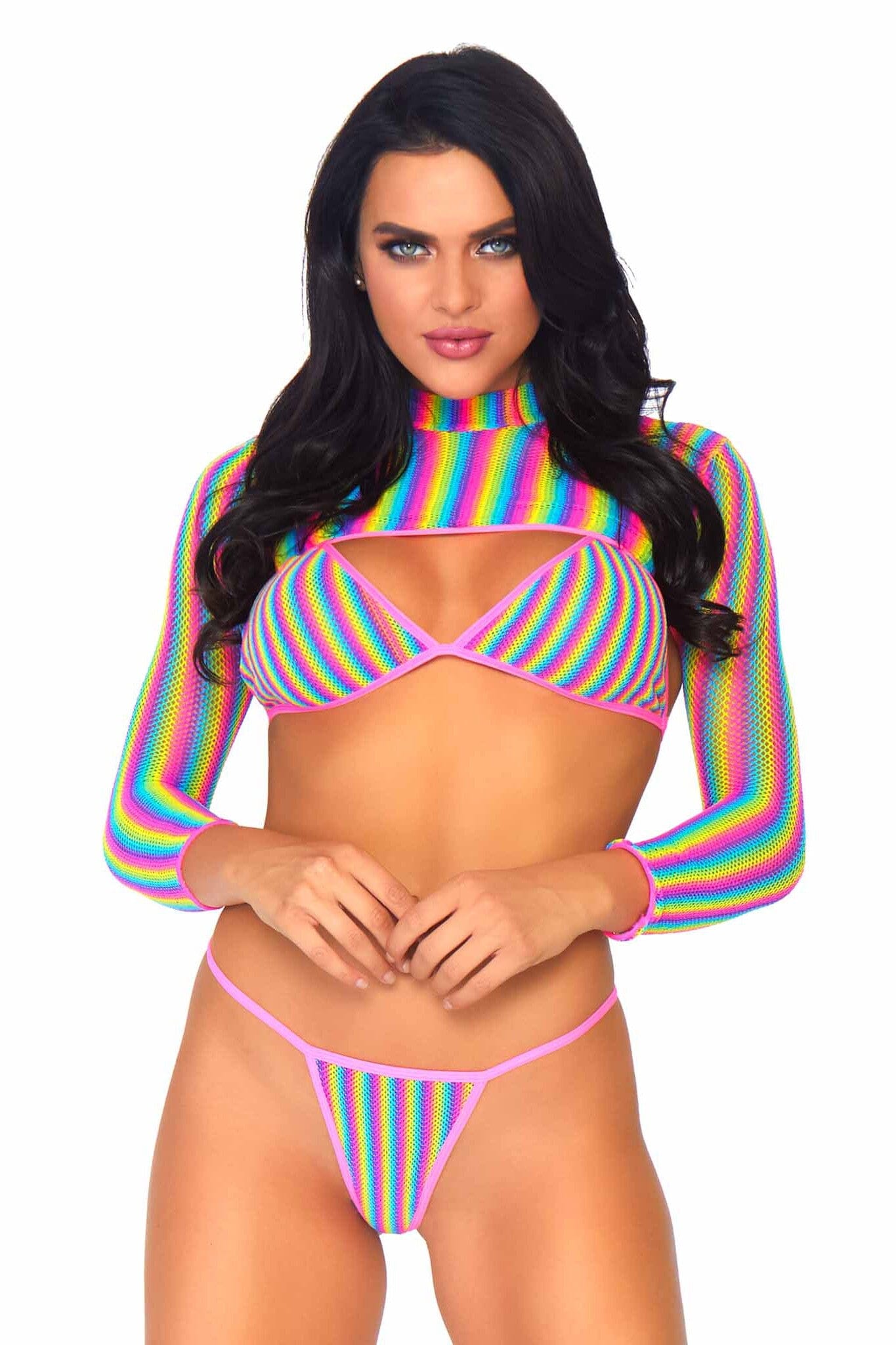 3 Piece Rainbow Fishnet Bikini Top, G-String, And Long Sleeved Crop Top Set