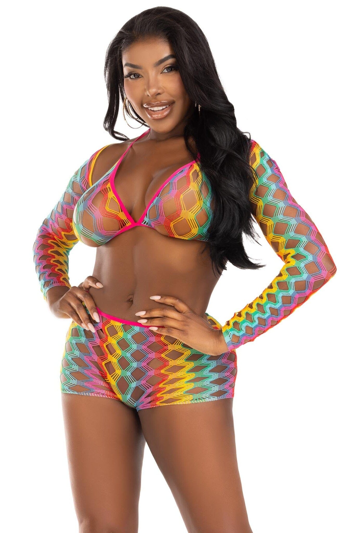 3 Piece Rainbow Hardcore Net Bra Top, Shrug, And Boy Shorts
