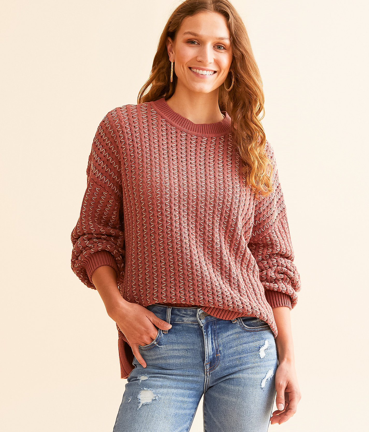 BKE Contrast Stitch Sweater - Women's Sweaters in Apple Butter