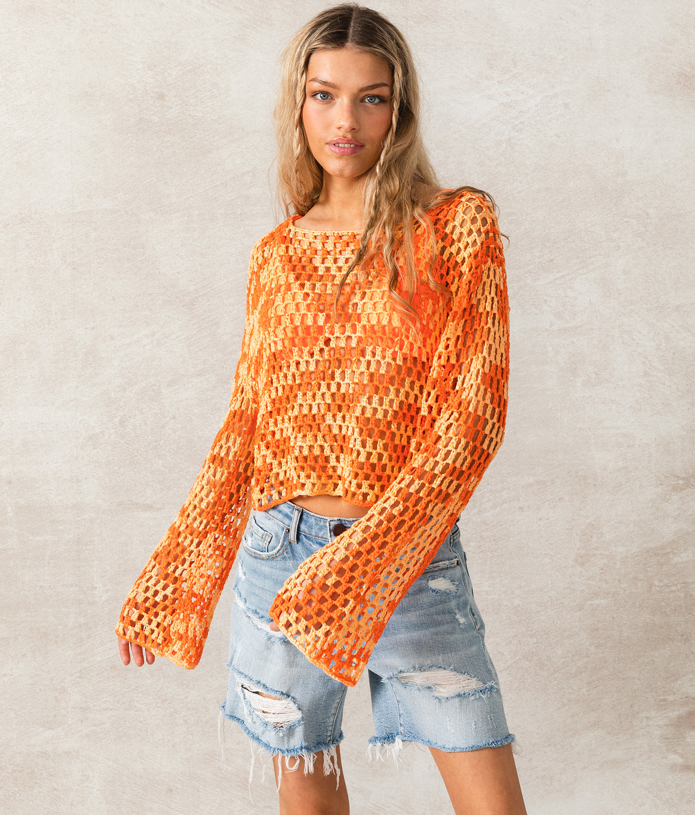 33 Coastal Two Tone Pointelle Cropped Sweater - Women's Sweaters in Orange