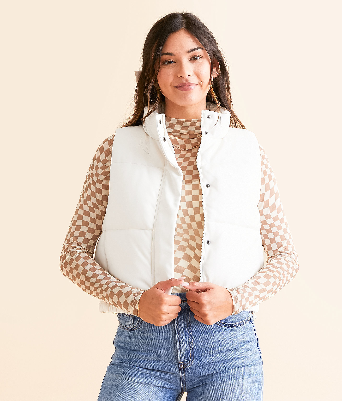 Open SZN Pleather Cropped Puffer Vest - Women's Coats & Jackets in White
