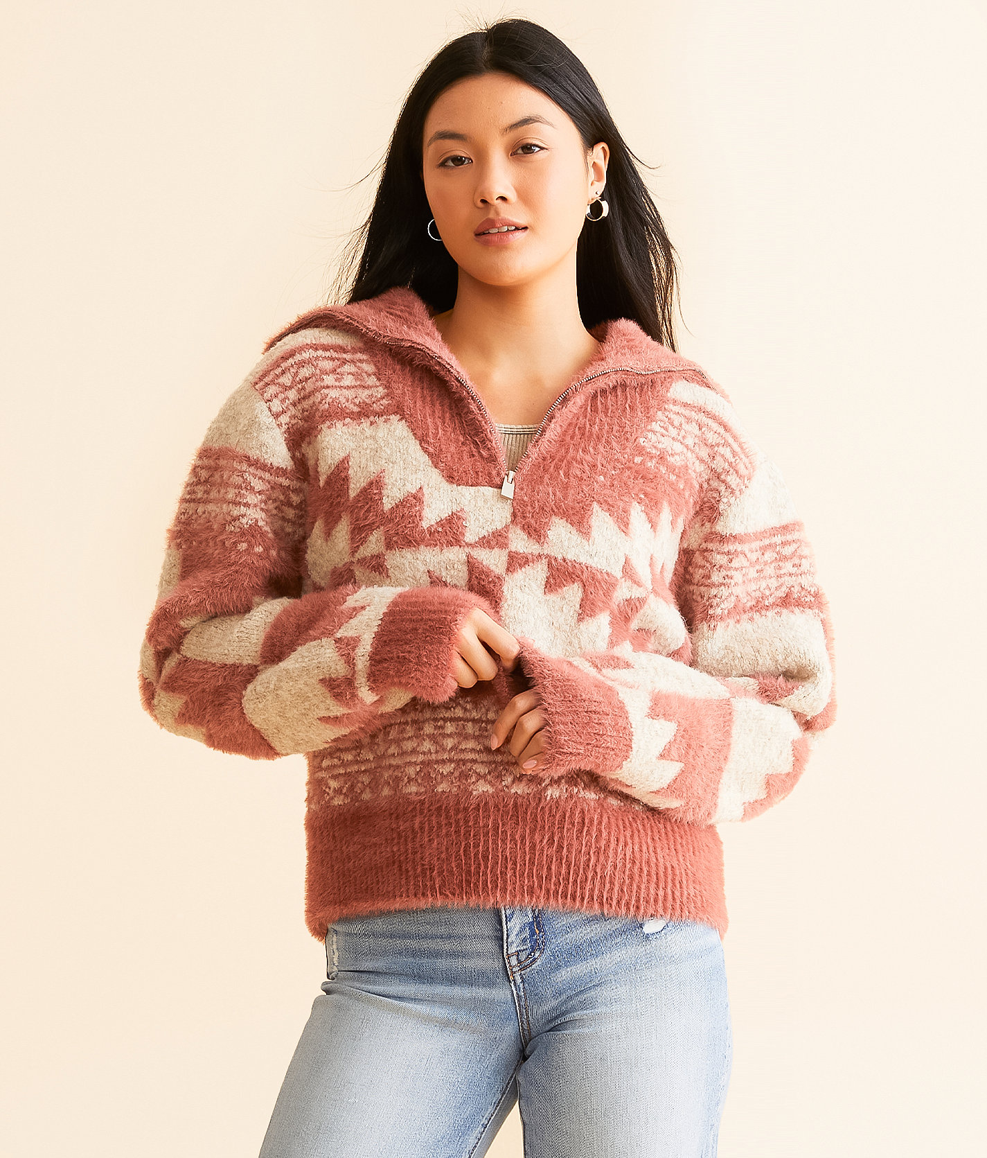 Miss Me Eyelash Aztec Sweater - Women's Sweaters in Raspberry Pink