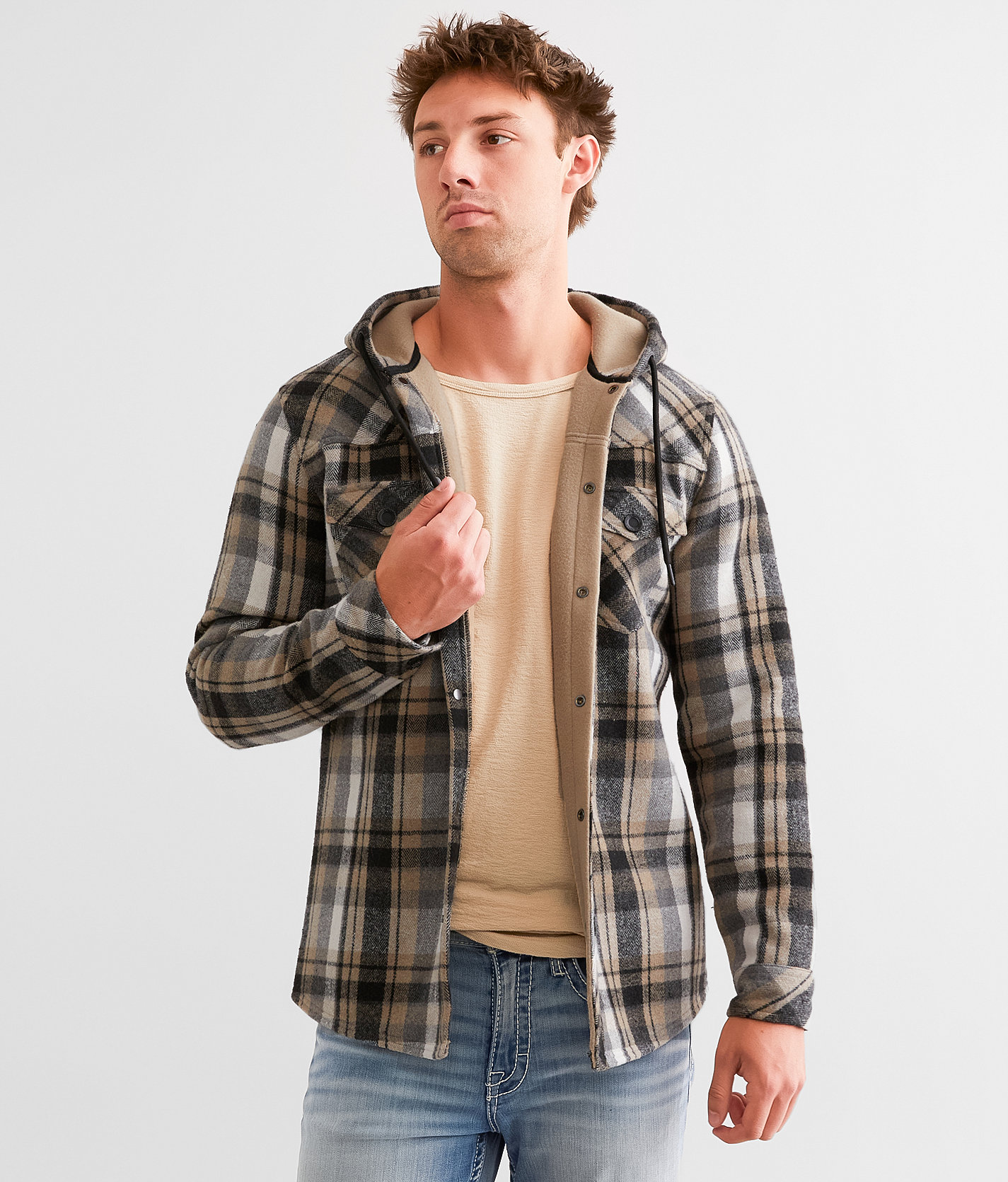 Departwest Brushed Plaid Hooded Shacket - Men's Coats & Jackets in Dune