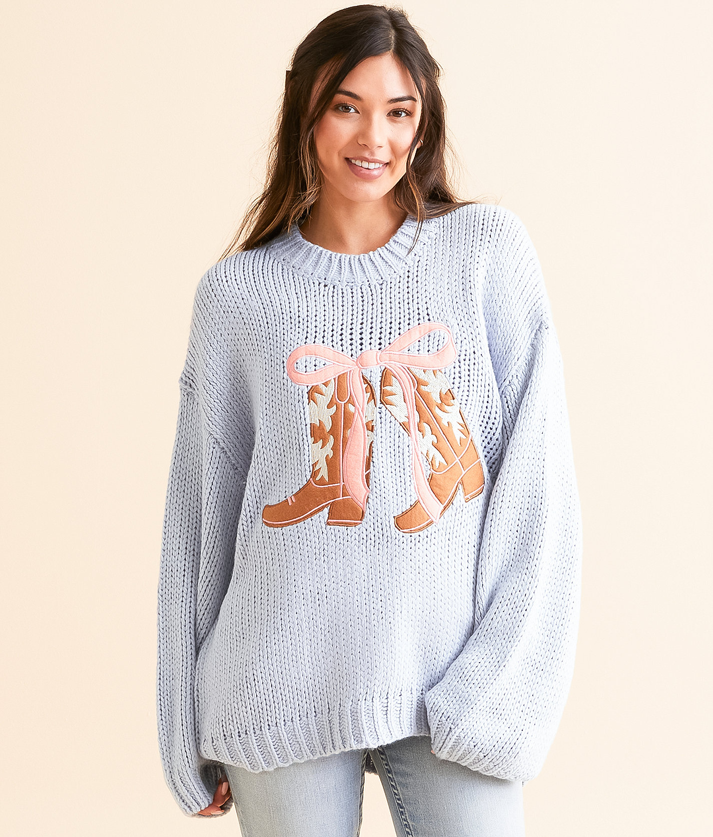 BaeVely Cowboy Boot Oversized Knit Sweater - Women's Sweaters in Blue