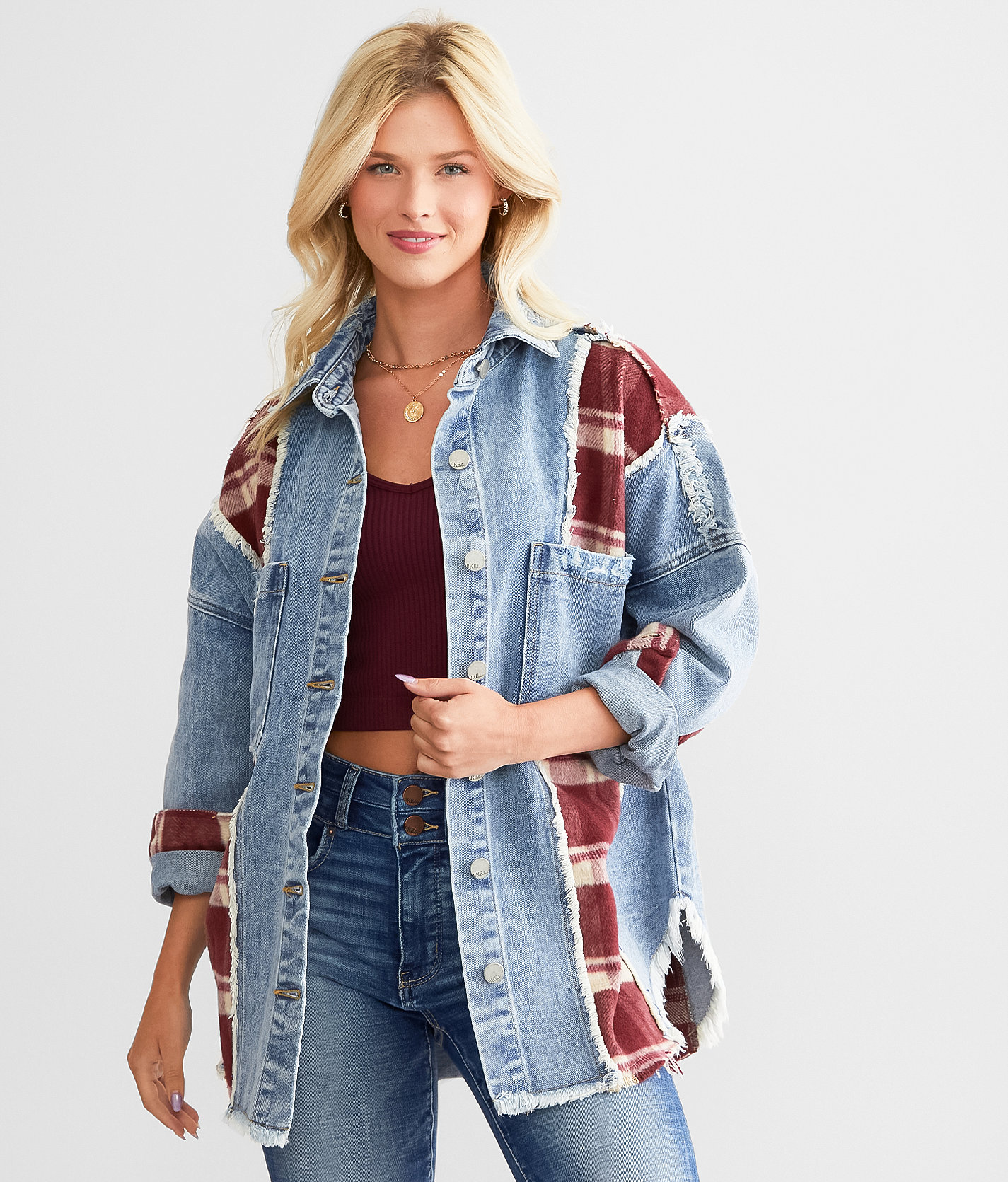 BKE Plaid Pieced Denim Jacket - Women's Coats & Jackets in Denim Maroon