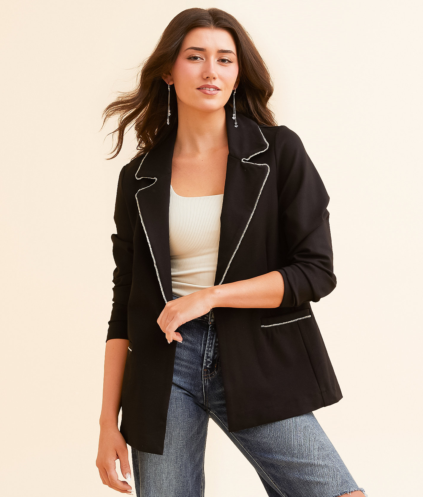 Willow & Root Rhinestone Trim Ponte Blazer - Women's Coats & Jackets in Black