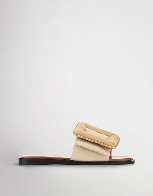 Puffy Leather Buckle Flat Slides