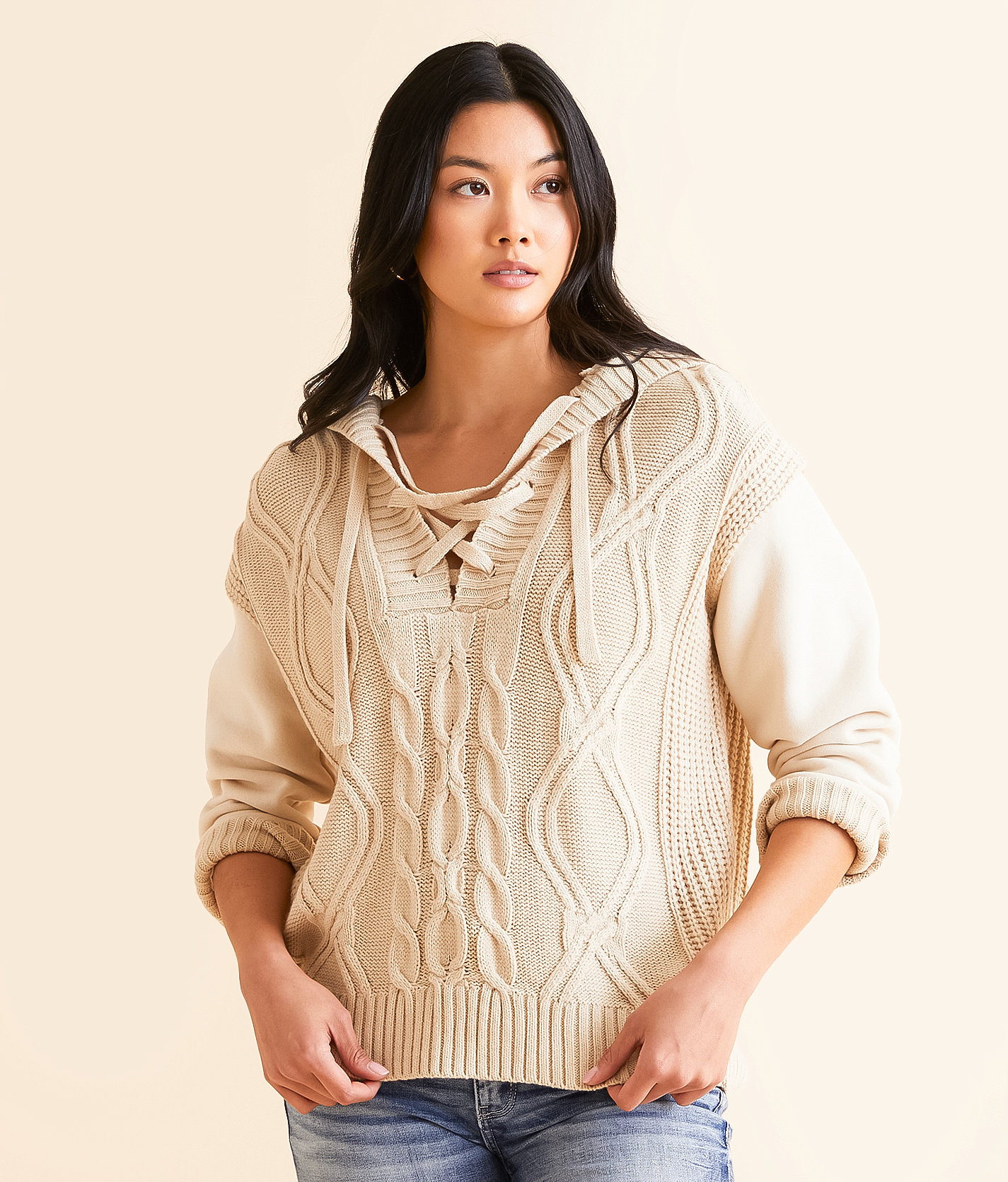 BKE Cable Lace-Up Hooded Sweater - Women's Sweaters in Peyote