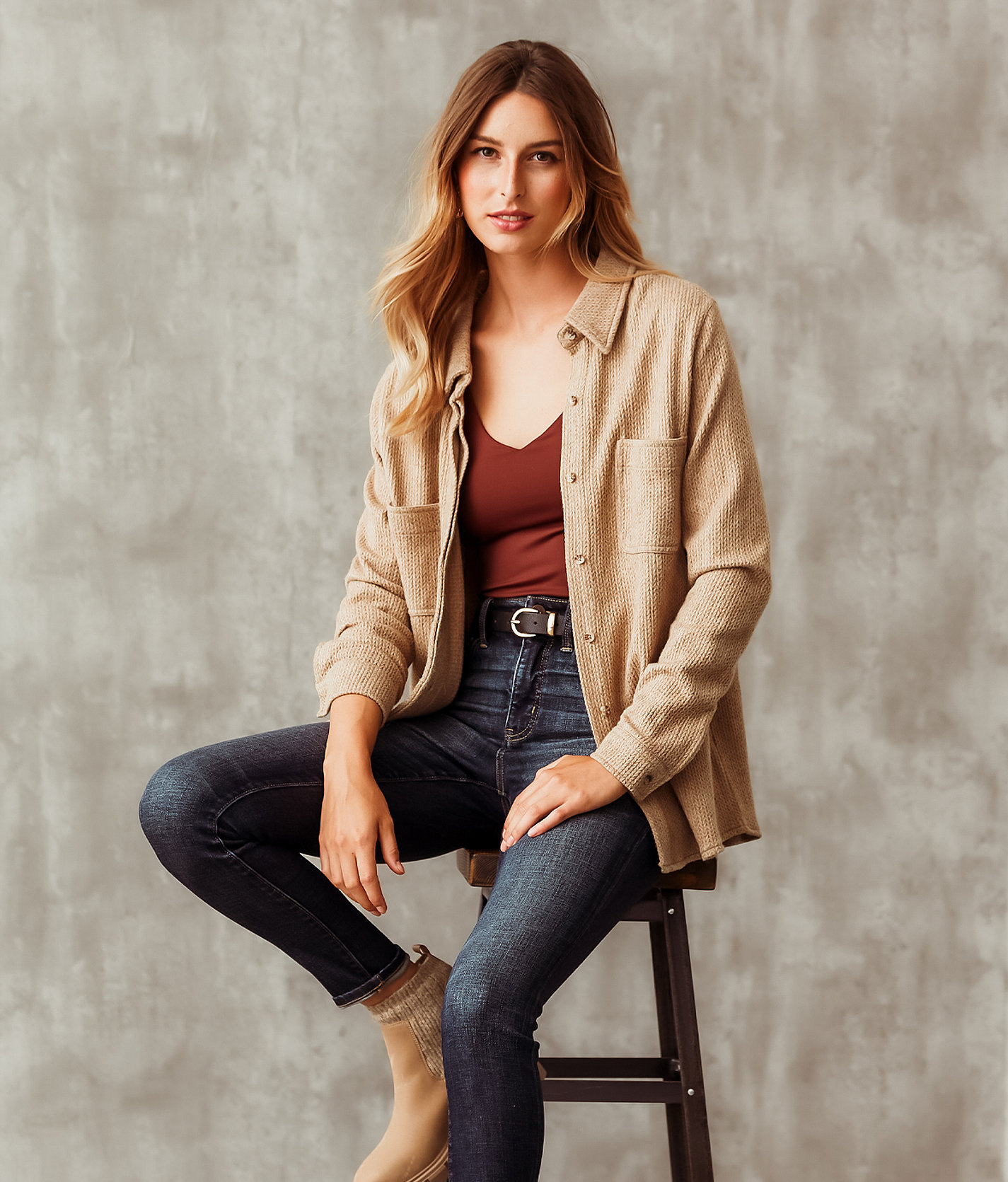 Buckle Black Cable Knit Shacket - Women's Coats & Jackets in Light Brown