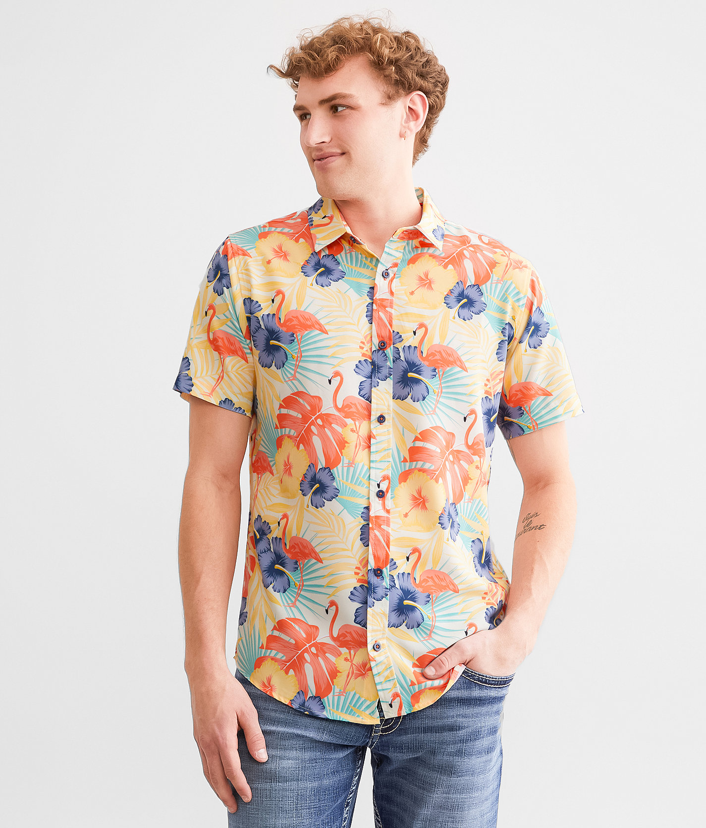 Departwest Tropical Flamingo Performance Stretch Shirt - Men's Shirts in Light Yellow