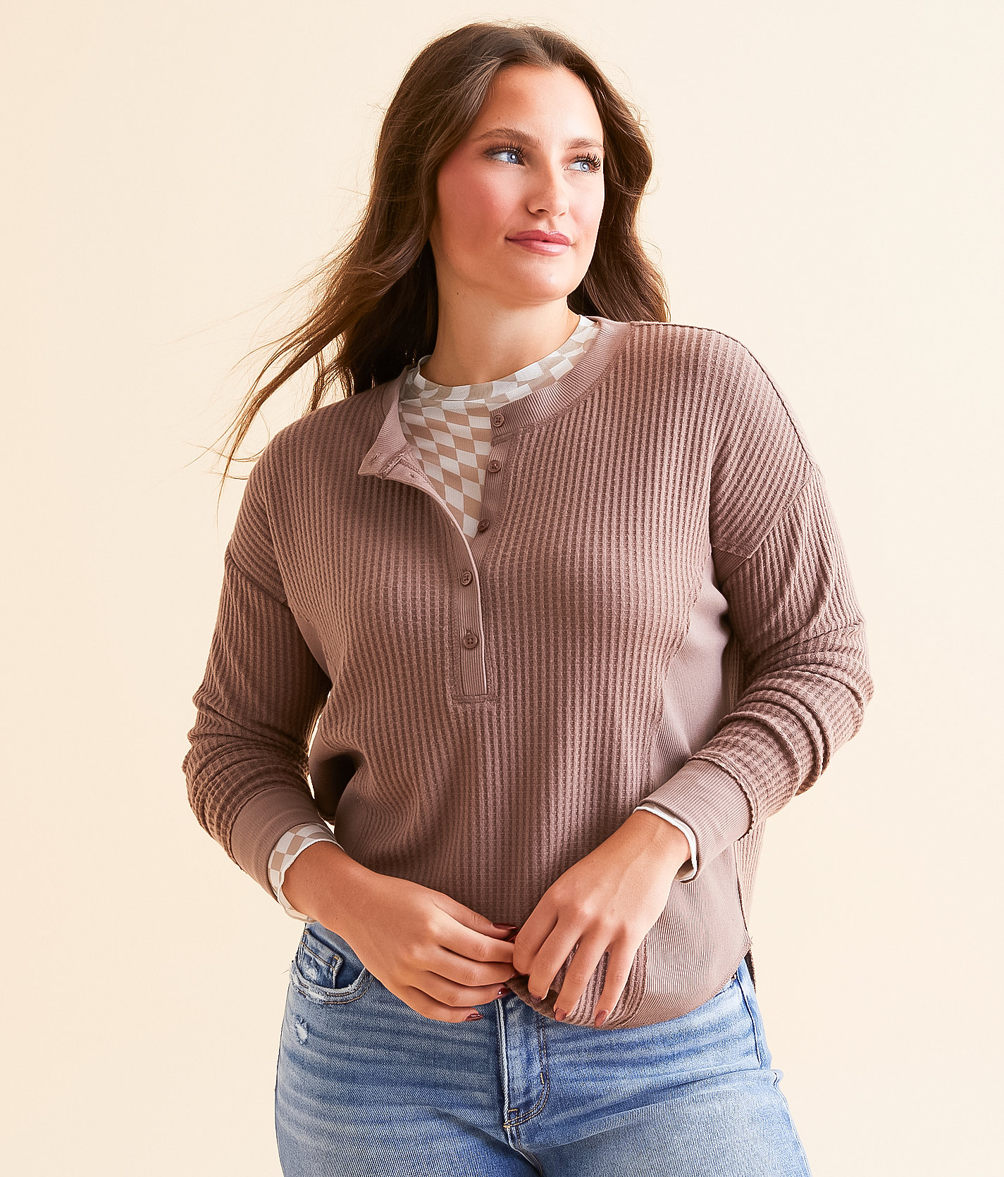 White Crow Ella Waffle Knit Henley - Women's Shirts & Blouses in Deep Taupe