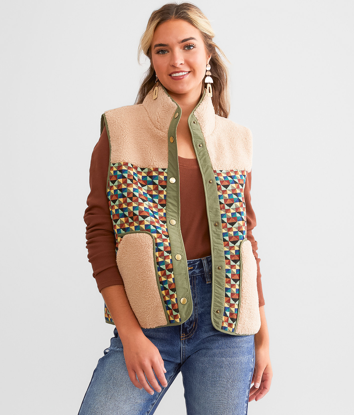 Privy Pieced Sherpa Vest - Women's Coats & Jackets in Cream Multi