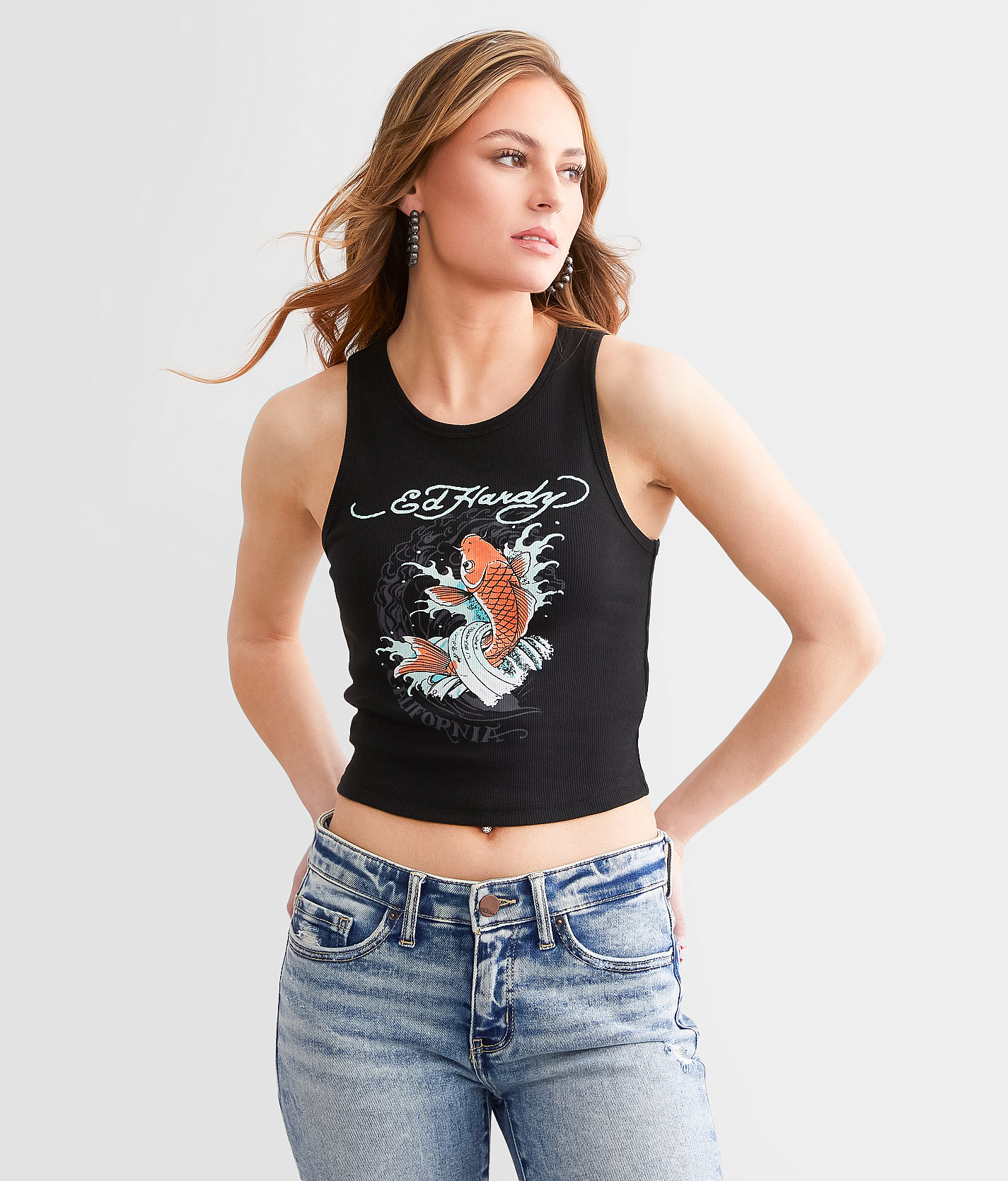 Ed Hardy Cali Koi Cropped Tank Top - Women's Tank Tops in Black