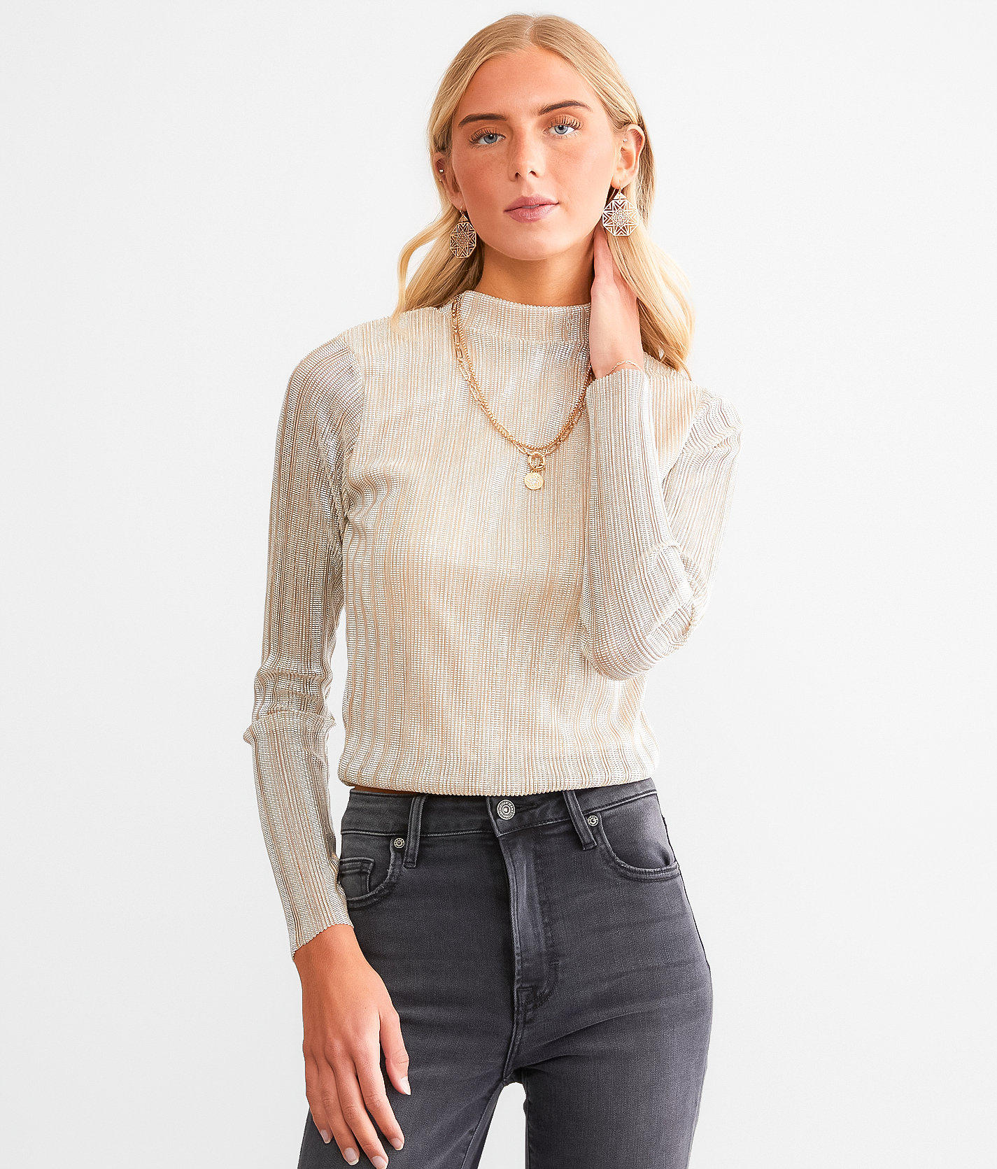 red by BKE Metallic Ribbed Mesh Cropped Top - Women's Shirts & Blouses in Beige