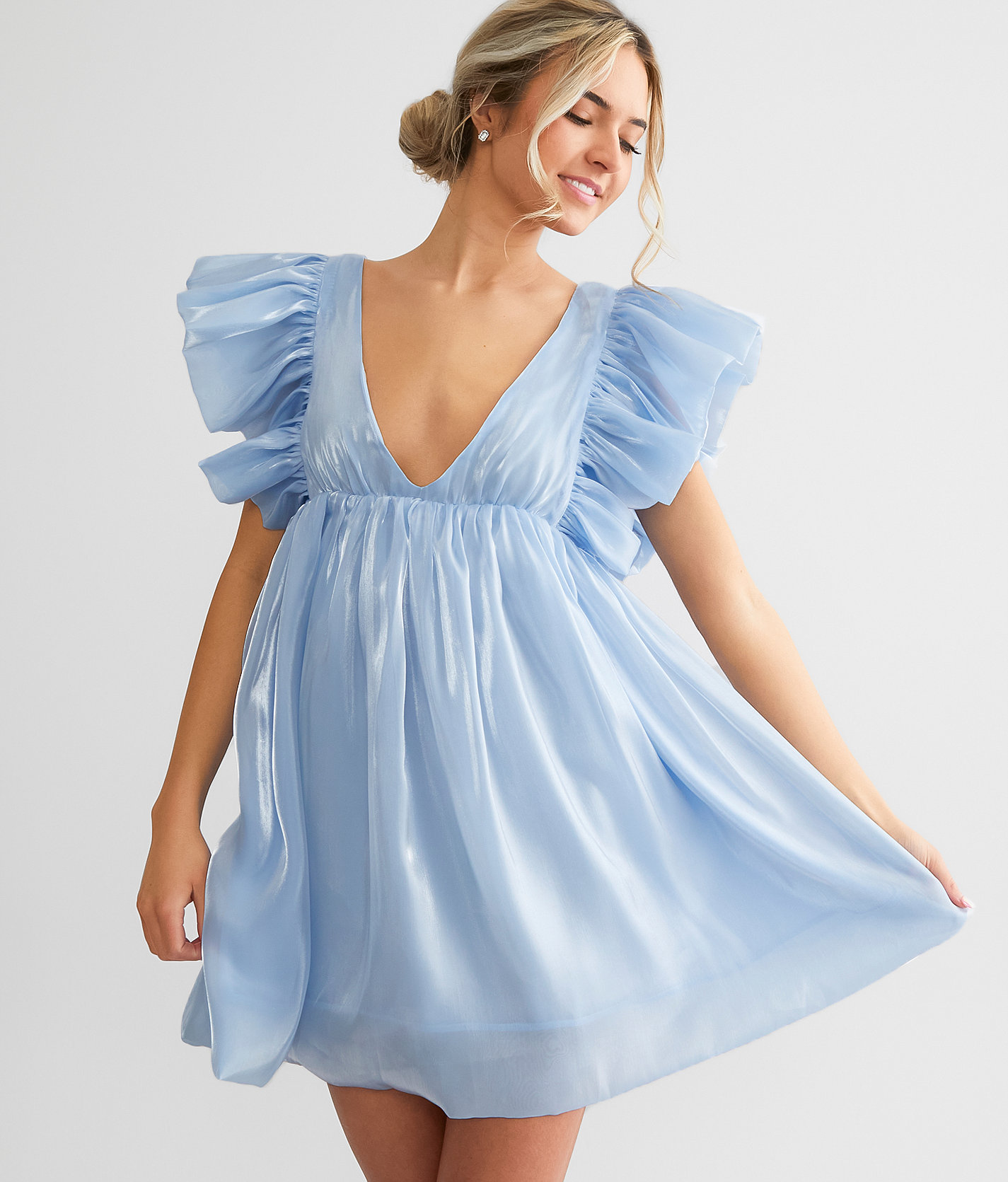 Storia Deep V-Neck Sheen Mini Dress - Women's Dresses in Sky Blue