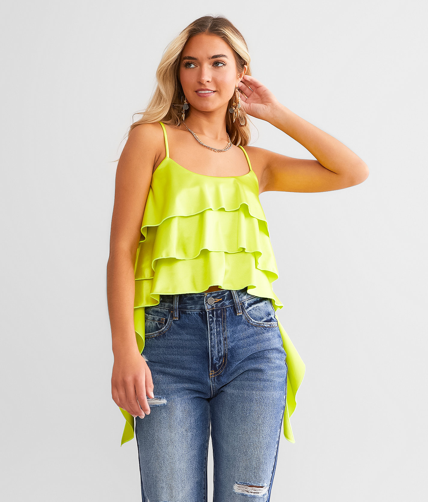 GeeGee Clothing Satin Ruffle Tank Top - Women's Tank Tops in Lime