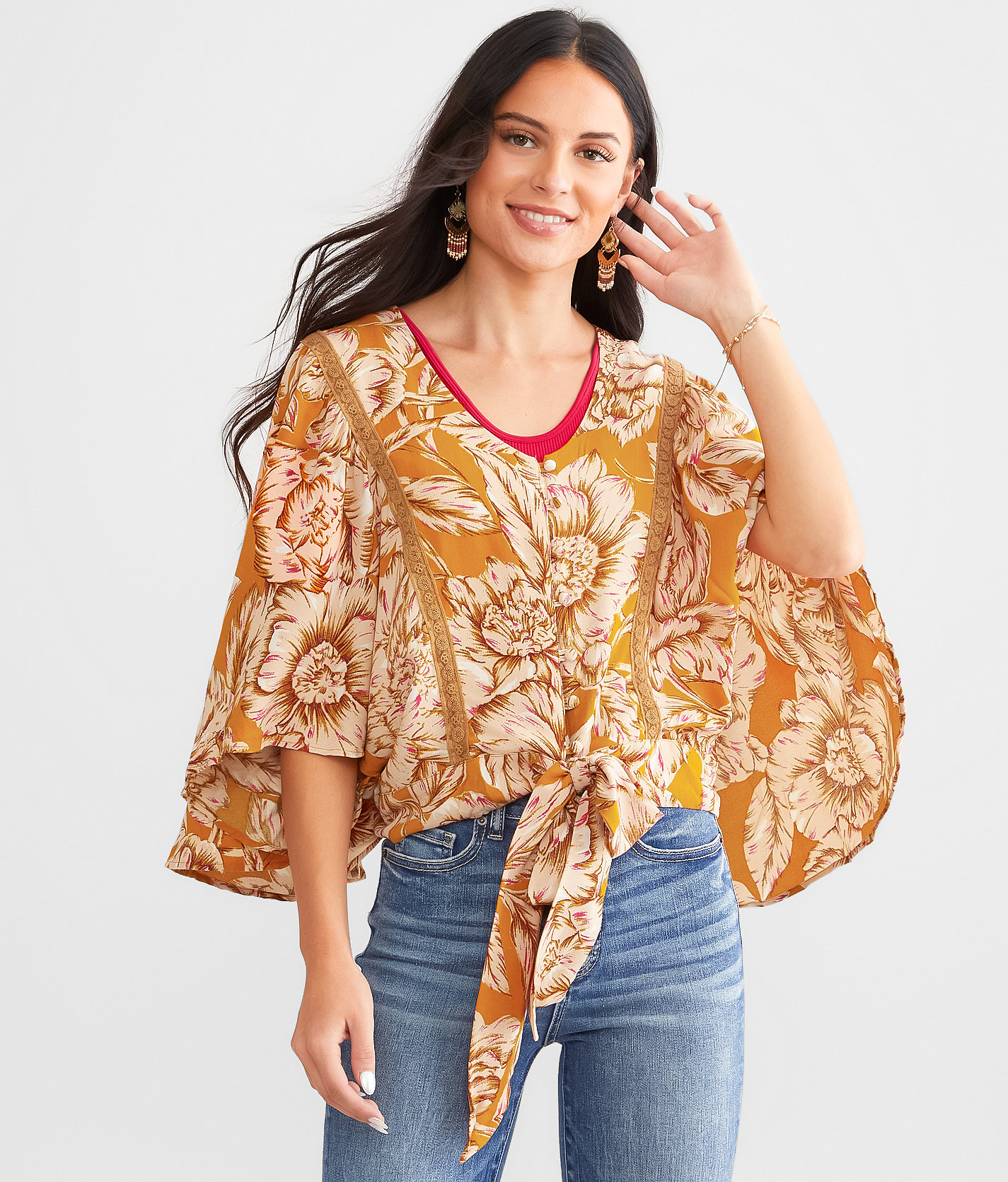 Band Of The Free Floral Woven Top - Women's Shirts & Blouses in Gold Blush Pink