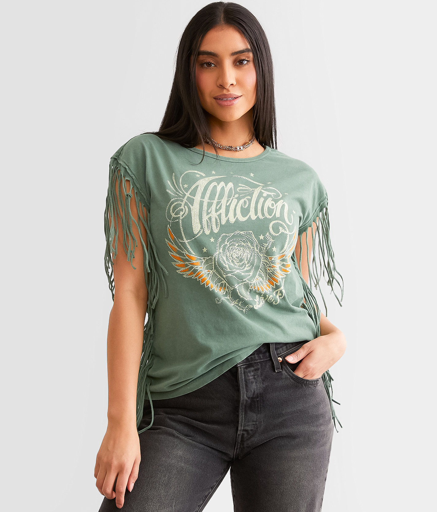 Affliction American Customs Rose Wings Fringe T-Shirt - Women's T-Shirts in Sea Spray Lava Wash