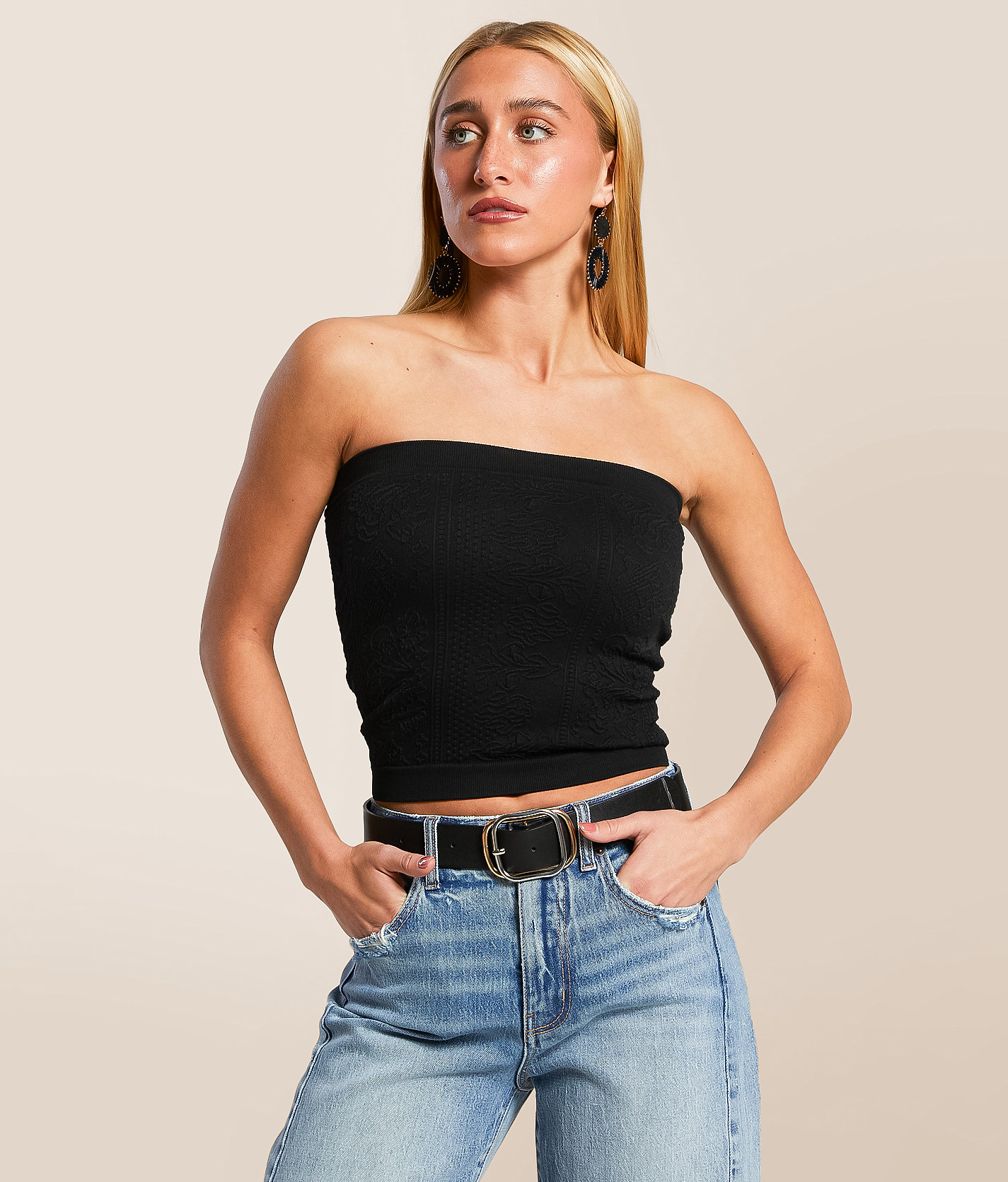 Freshwear Textured Seamless Stretch Tube Top - Women's Shirts & Blouses in Black