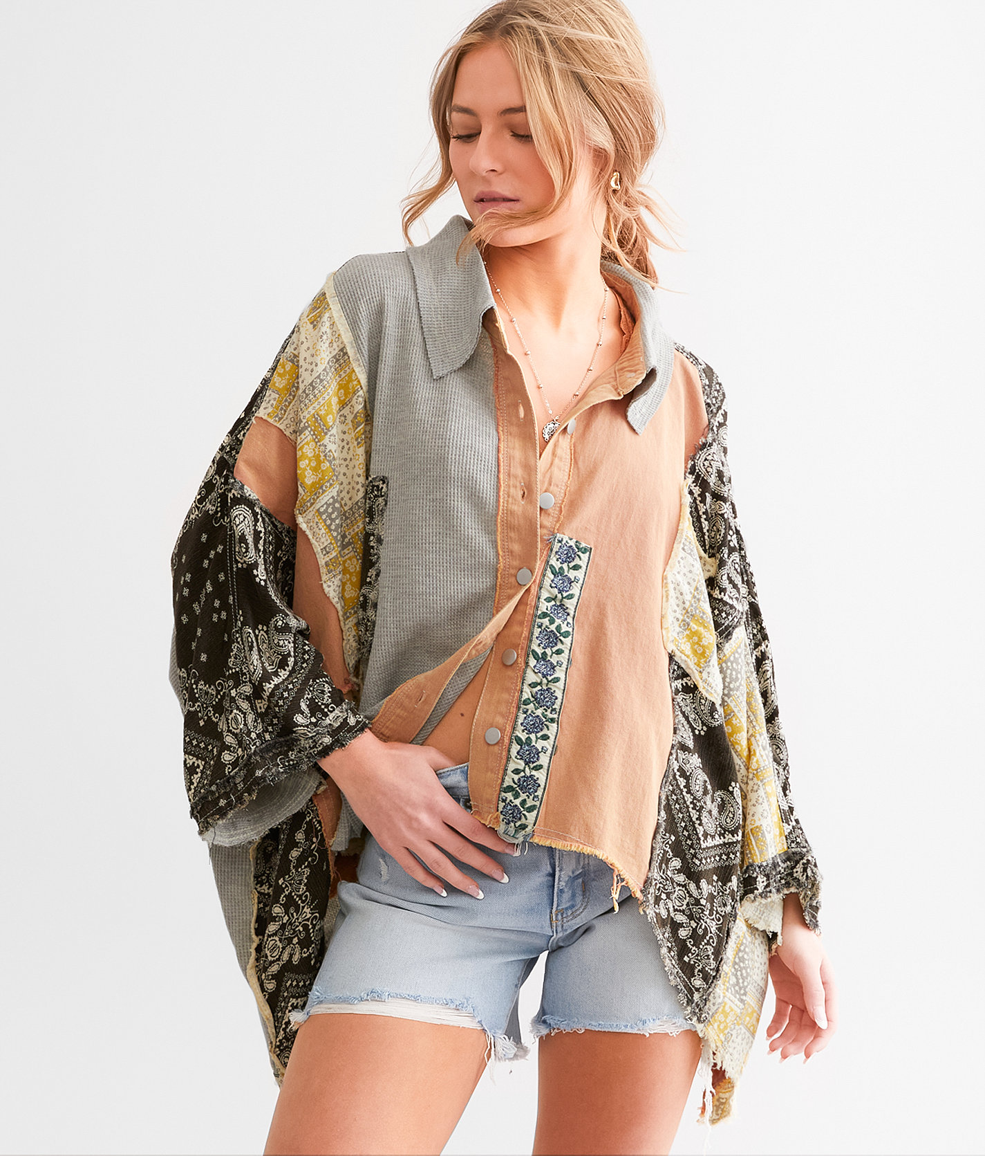 POL Mixed Media Oversized Shirt - Women's Shirts & Blouses in Grey Brick Multi