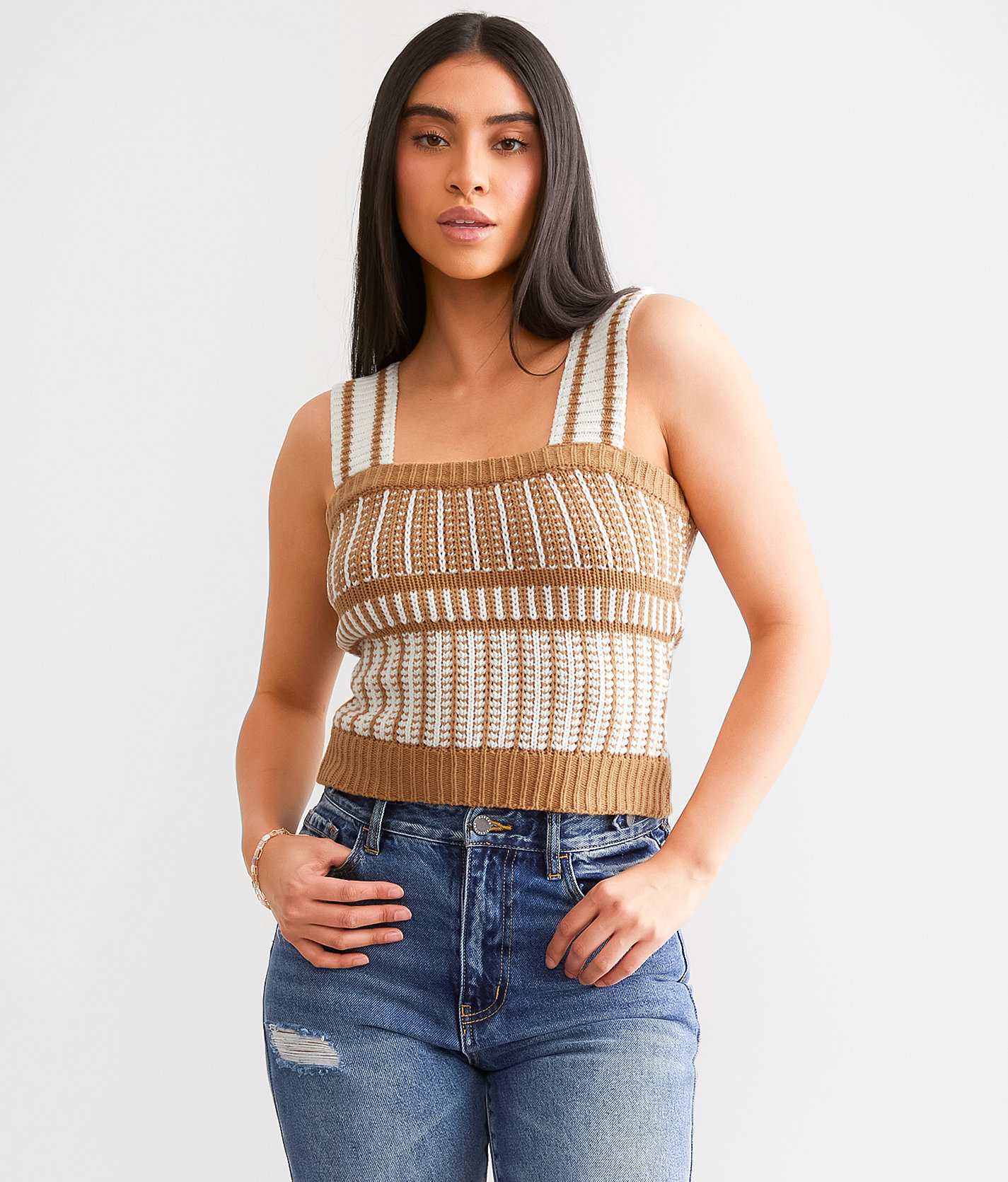 Daytrip Striped Sweater Tank Top - Women's Tank Tops in Mustard Cream