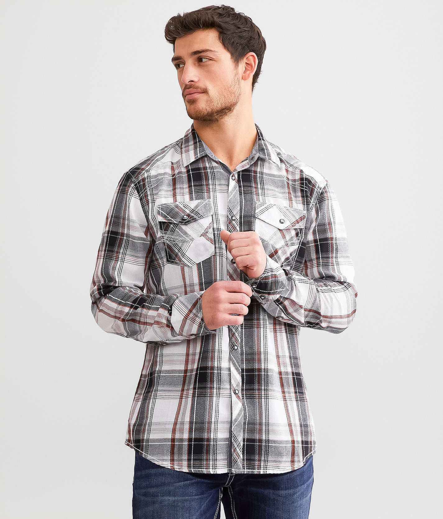 BKE Plaid Athletic Shirt - Men's Shirts in White Black Burgundy