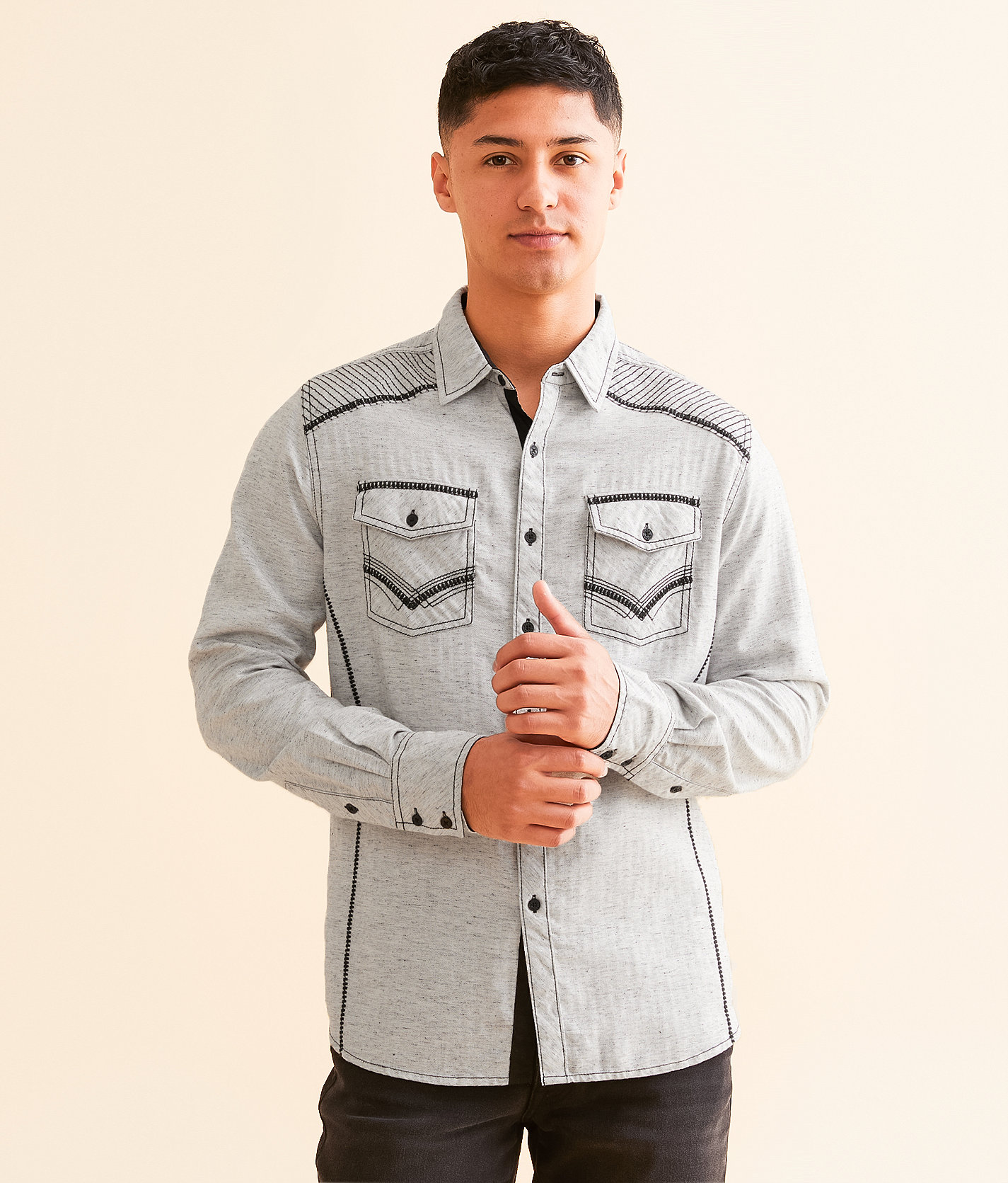 Buckle Black Embroidered Athletic Shirt - Men's Shirts in Grey