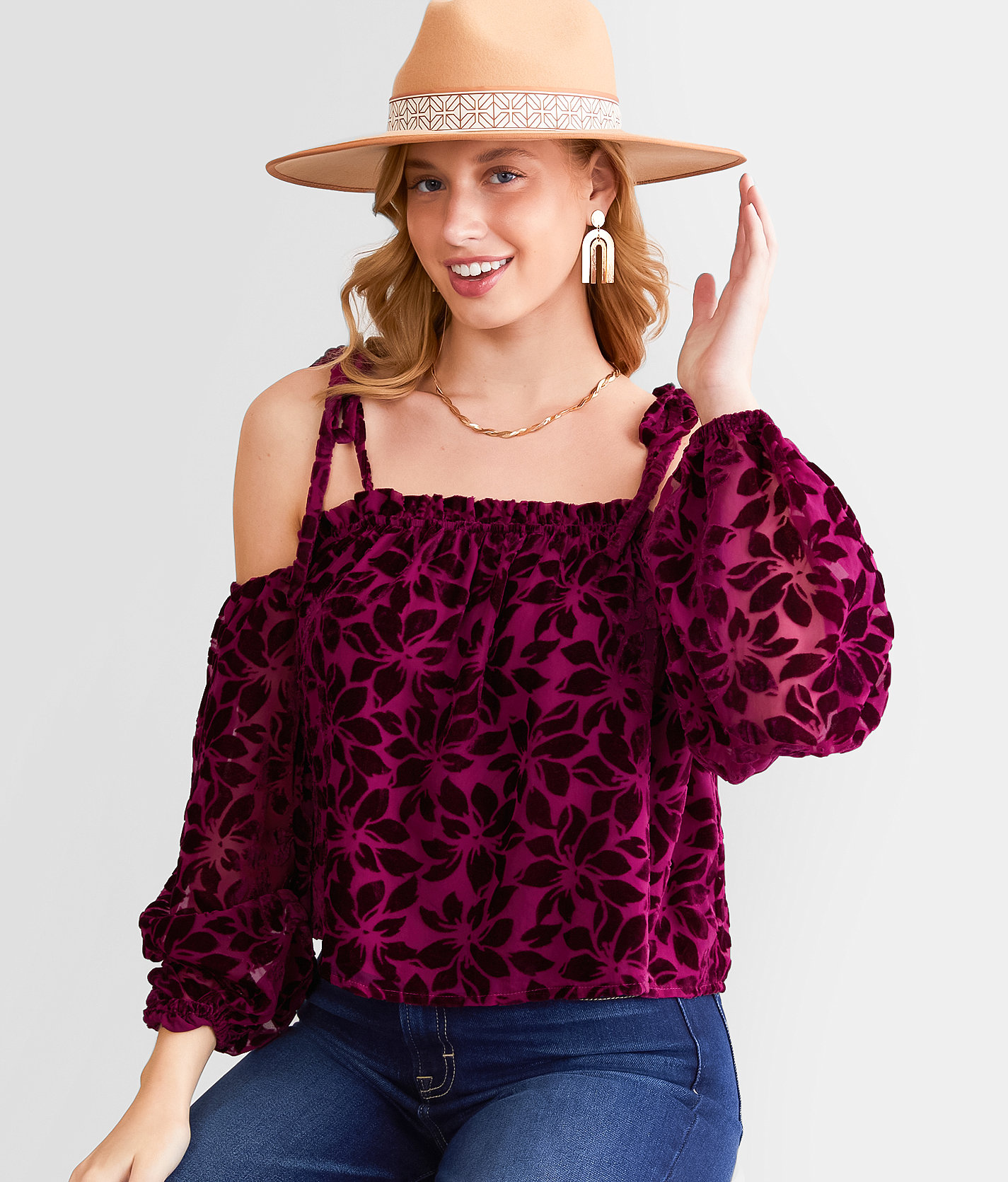 Willow & Root Floral Velvet Cold Shoulder Top - Women's Shirts & Blouses in Magenta