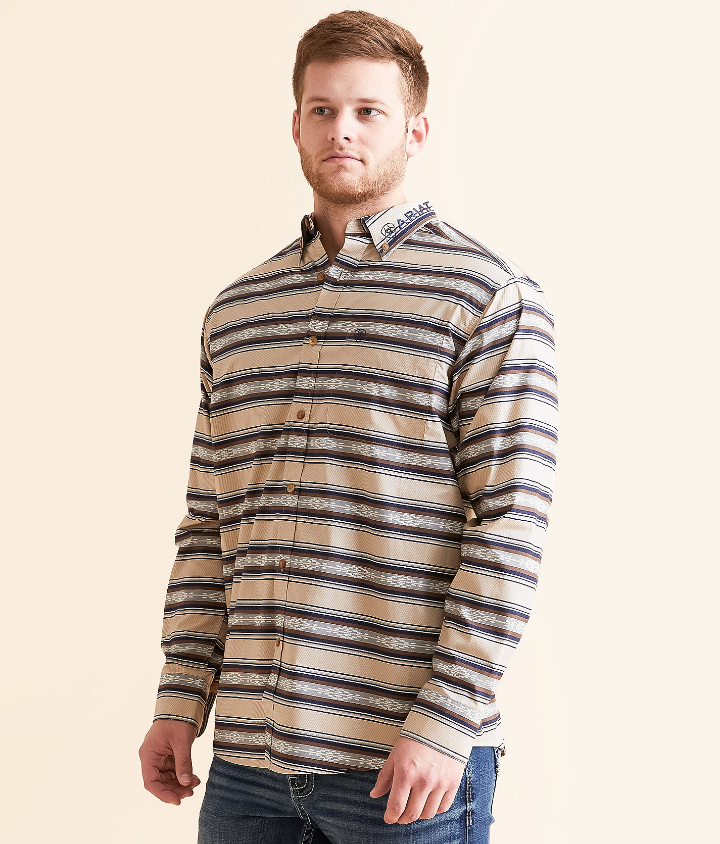 Ariat Team Korbyn Striped Shirt - Men's Shirts in Tan Navy Blue