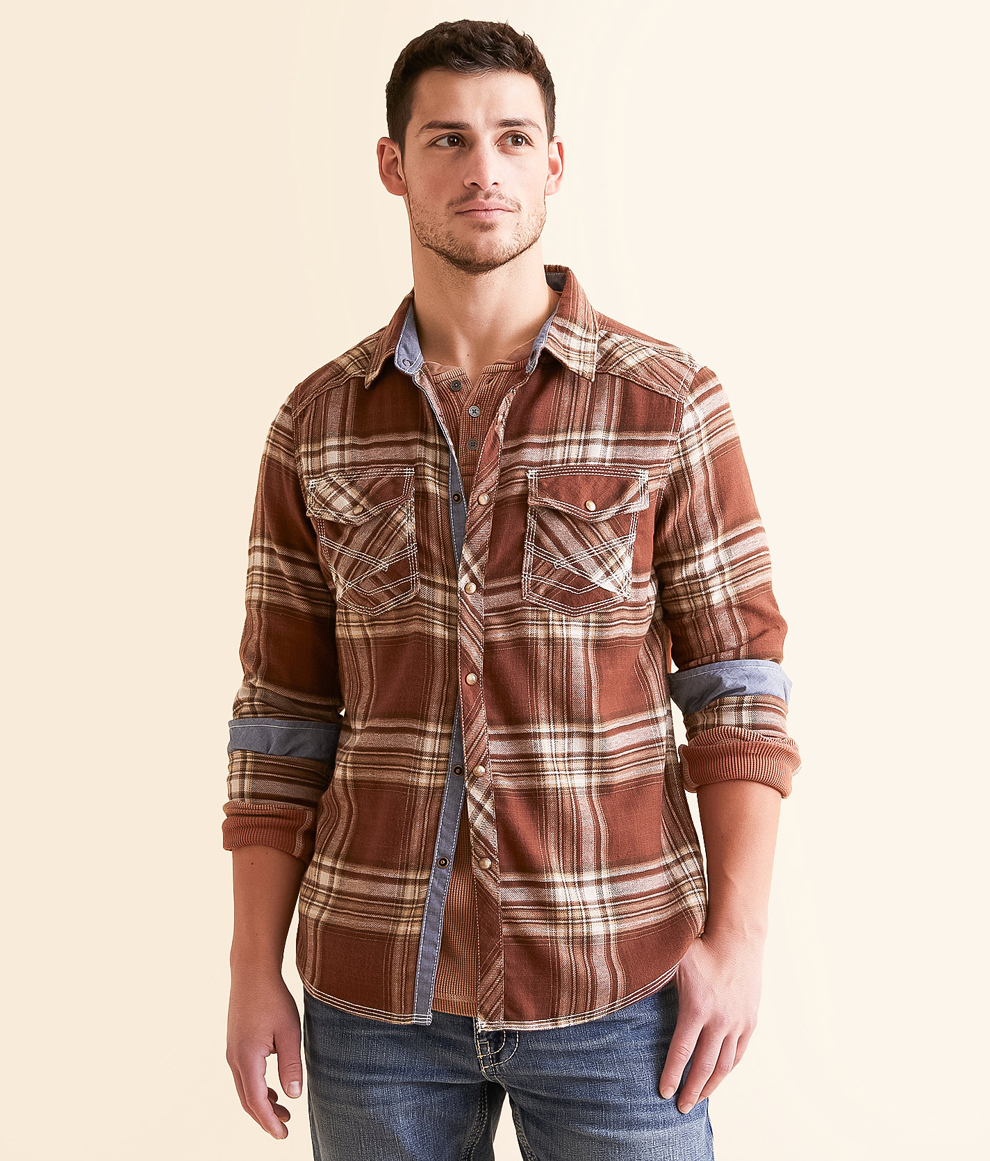 BKE Brushed Plaid Standard Shirt - Men's Shirts in Maroon