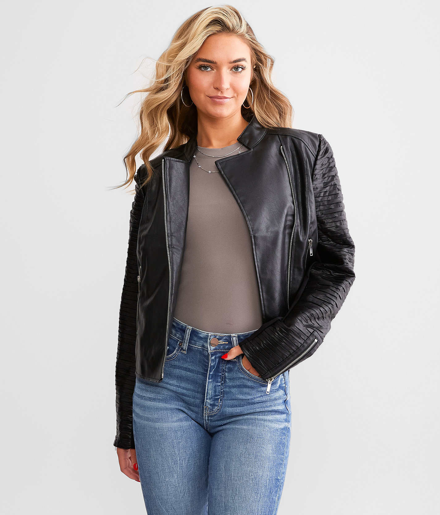 BKE Textured Mock Neck Moto Jacket - Women's Coats & Jackets in Black