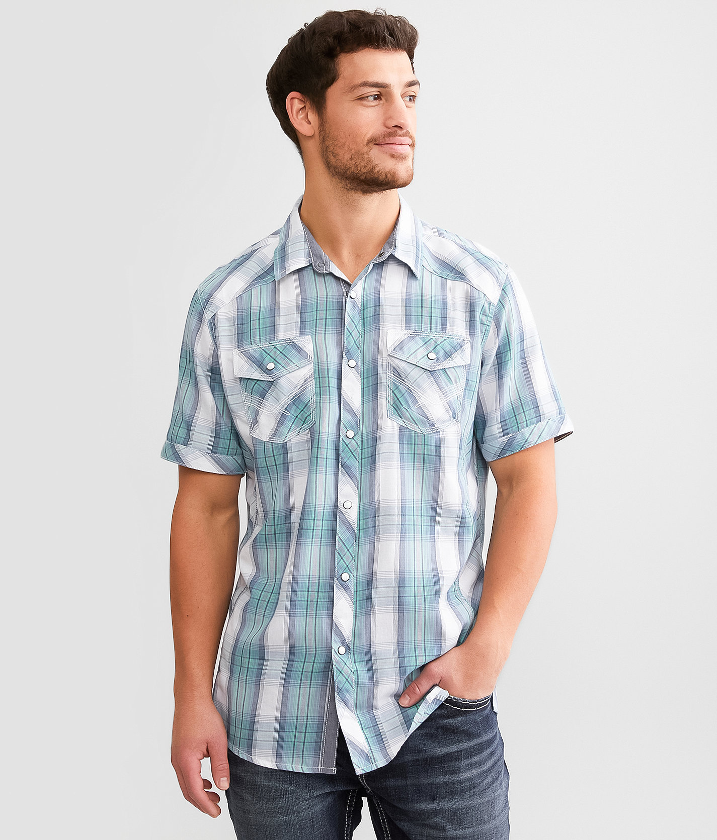BKE Plaid Athletic Shirt - Men's Shirts in White Blue Mint