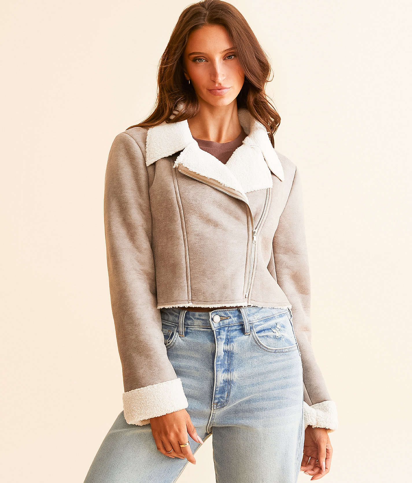 Know One Cares Faux Suede Moto Cropped Jacket - Women's Coats & Jackets in Taupe Cream