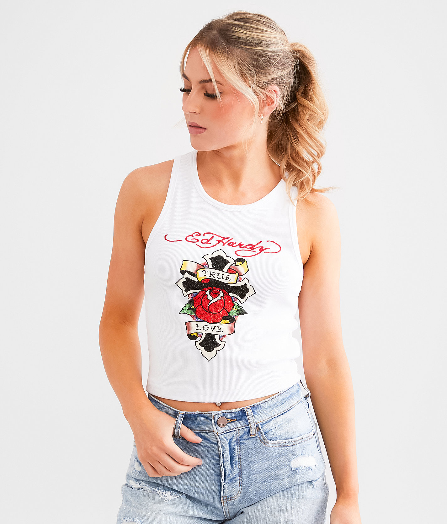 Ed Hardy Rhinestone Cross Cropped Tank Top - Women's Tank Tops in White