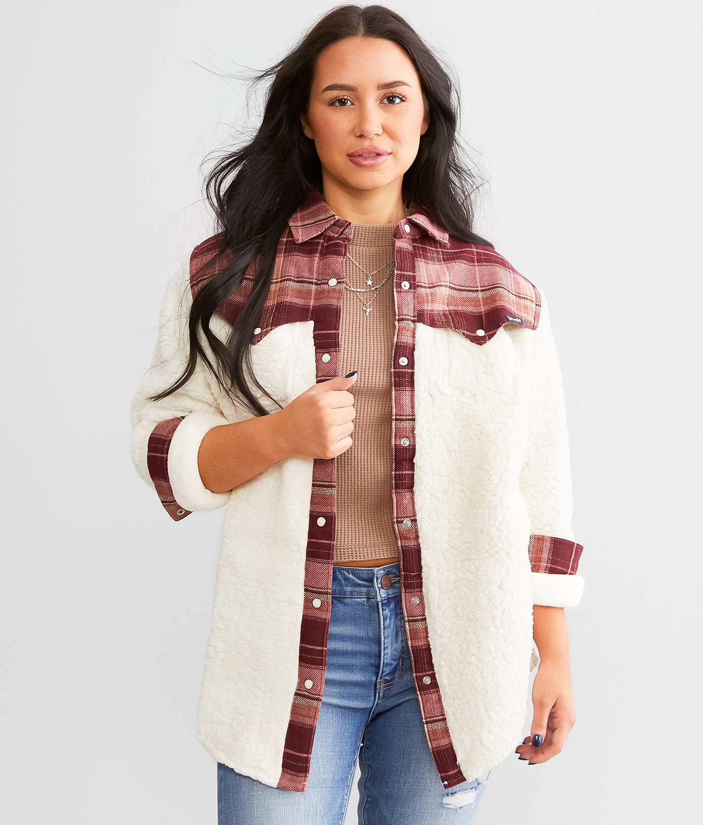 Wrangler® Plaid Boyfriend Shacket - Women's Coats & Jackets in Antique White