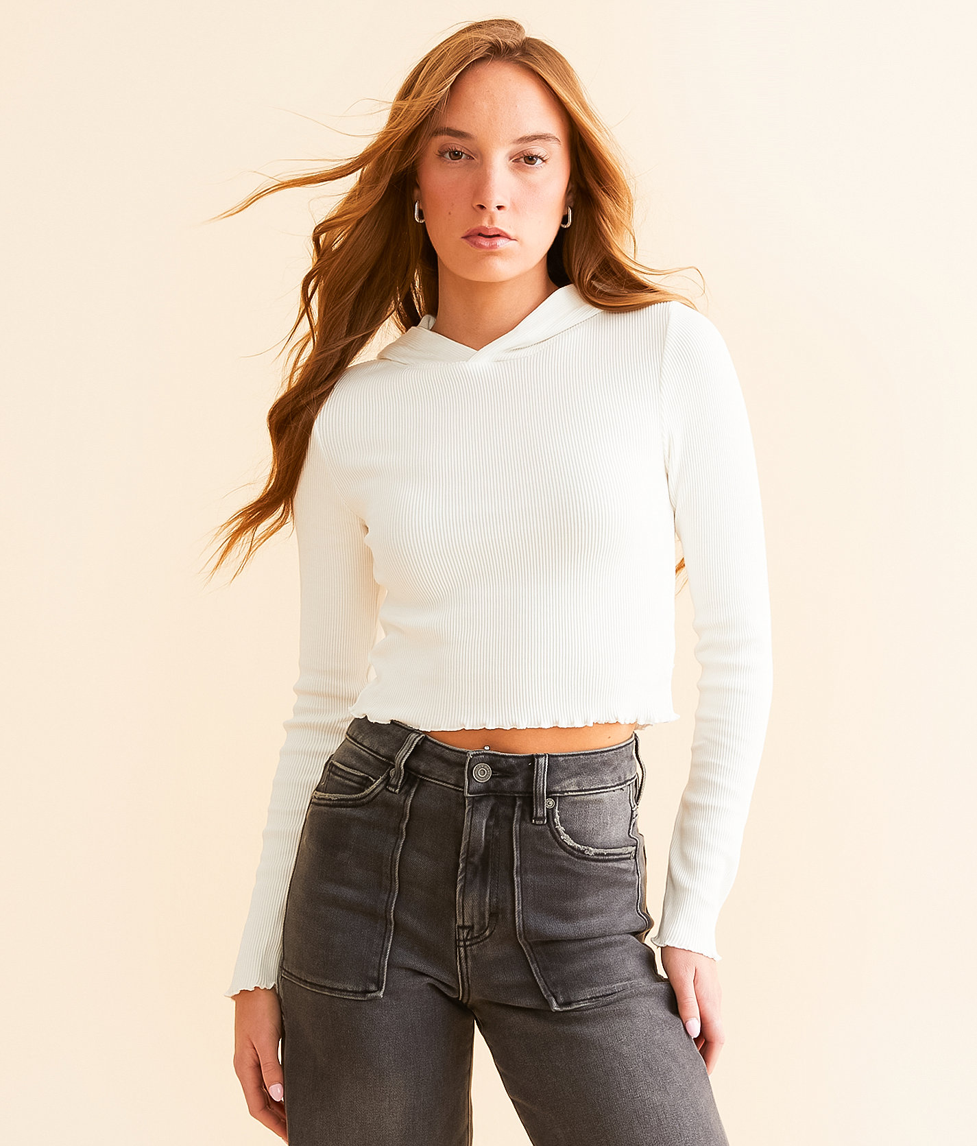 FITZ + EDDI Lettuce Trim Cropped Hoodie - Women's Sweatshirts in White