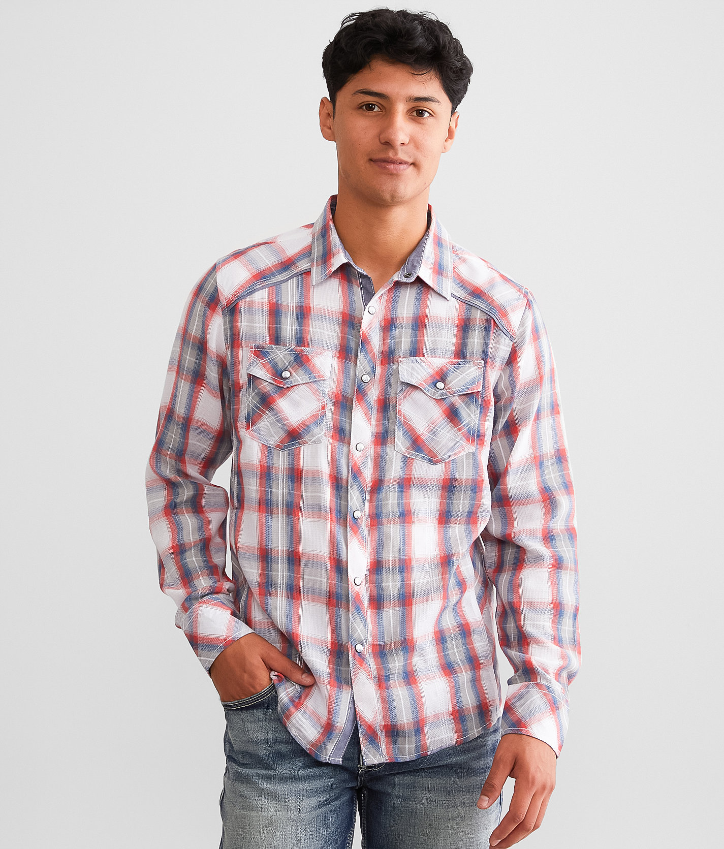 BKE Plaid Standard Shirt - Men's Shirts in White Grey Red